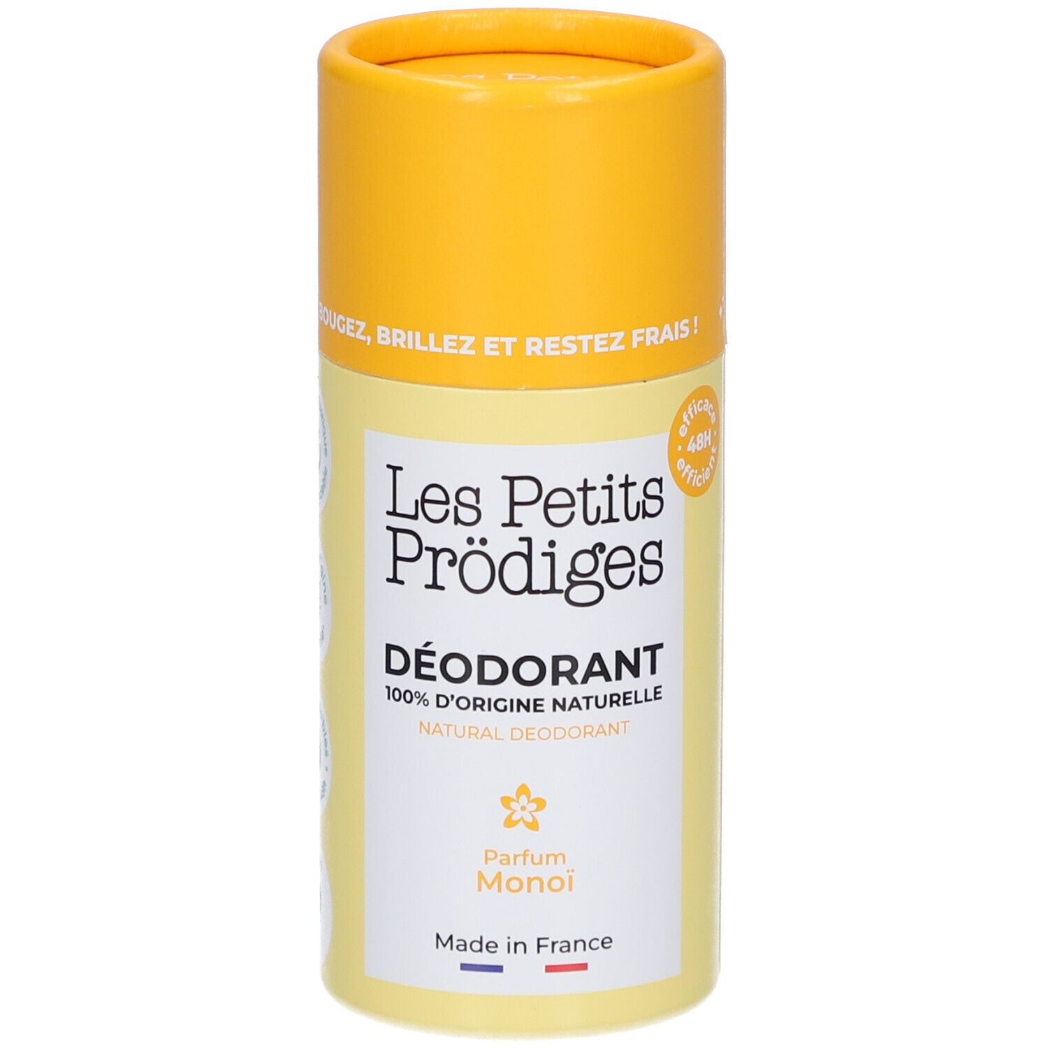 Stick de déodorant cylindrique, jaune et blanc. Inscription : Les Petits Prodiges, Déodorant, Parfum Monoï. Fabriqué en France.