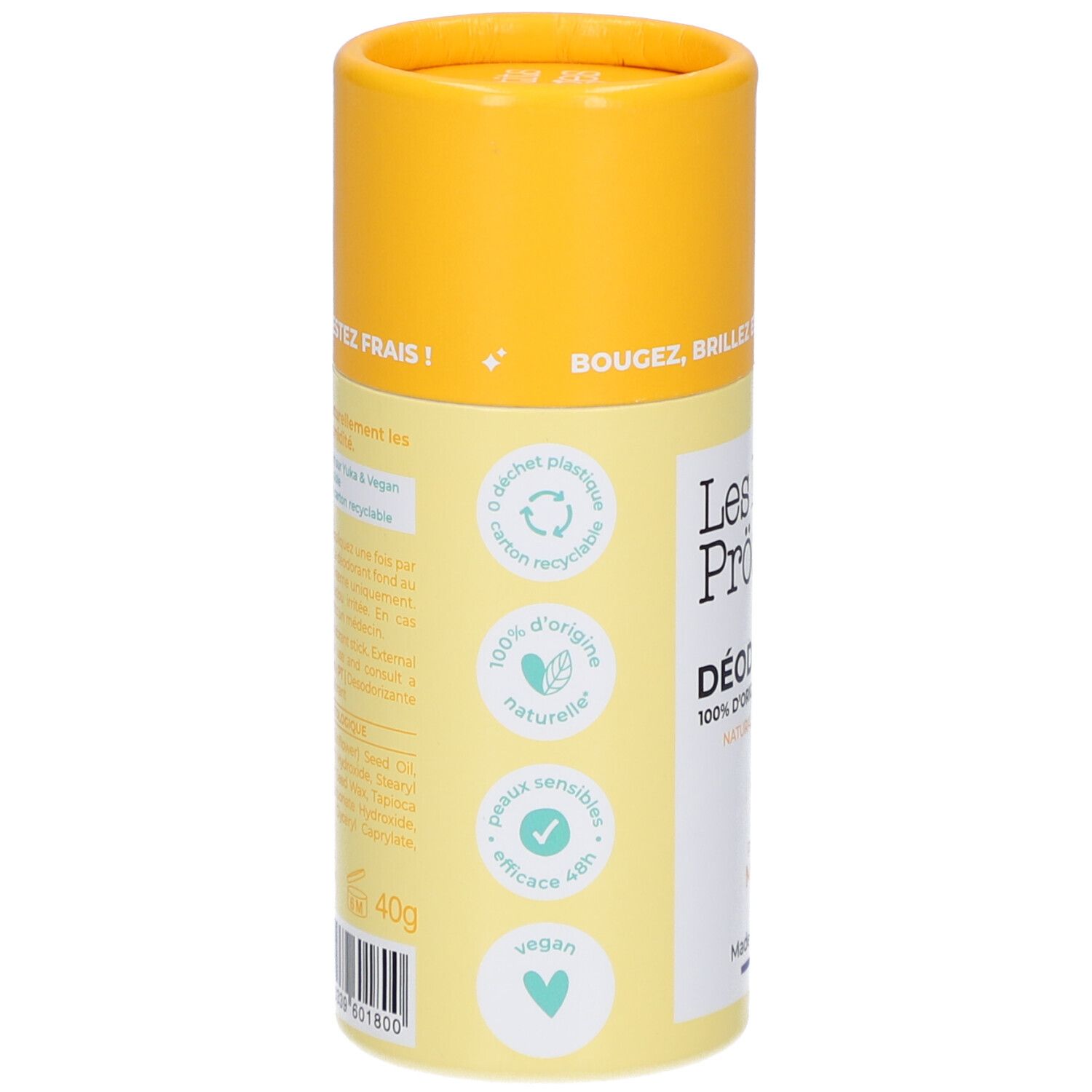 Stick de déodorant jaune et blanc. Inscriptions : 40g, 100% d'origine naturelle, vegan, carton recyclable. Informations en français.