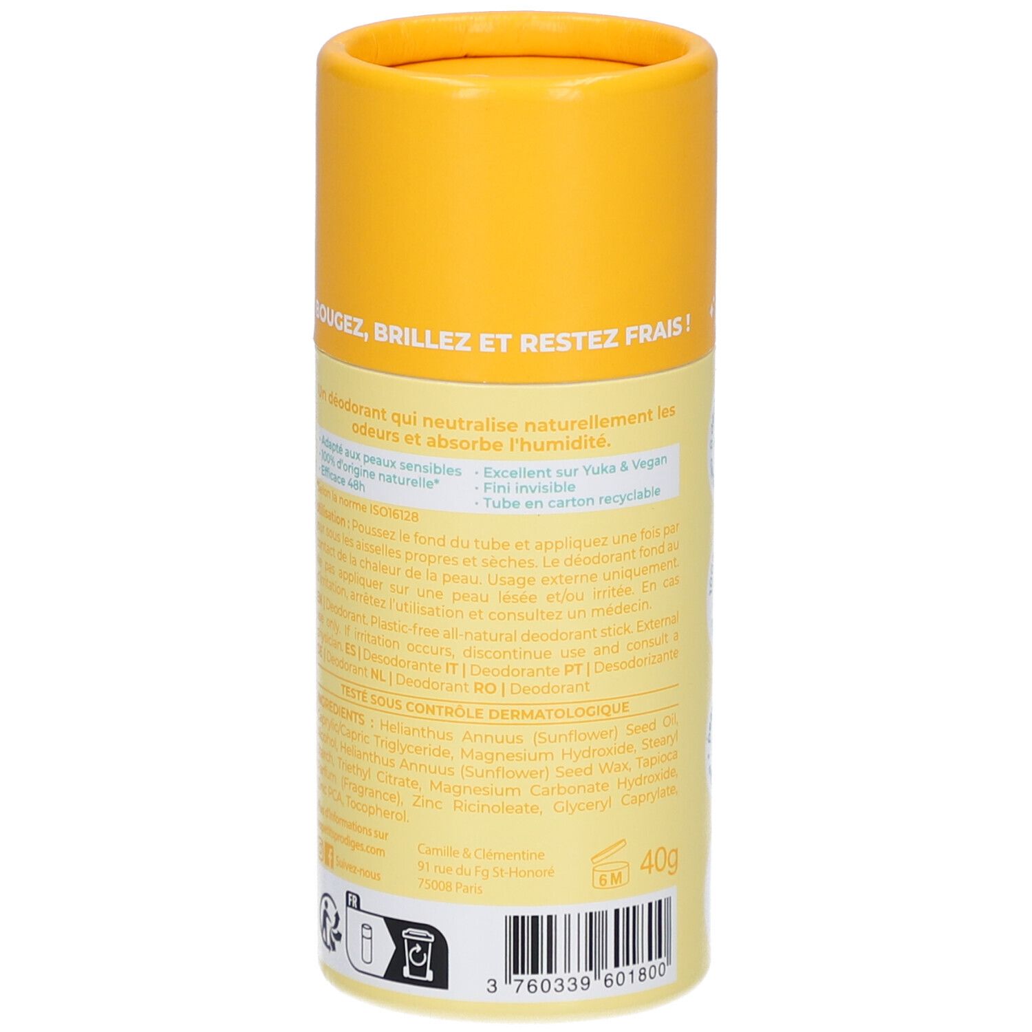 Stick de déodorant jaune et blanc. Informations produit en français. Inscription : 40g. Ingrédients et informations fabricant.