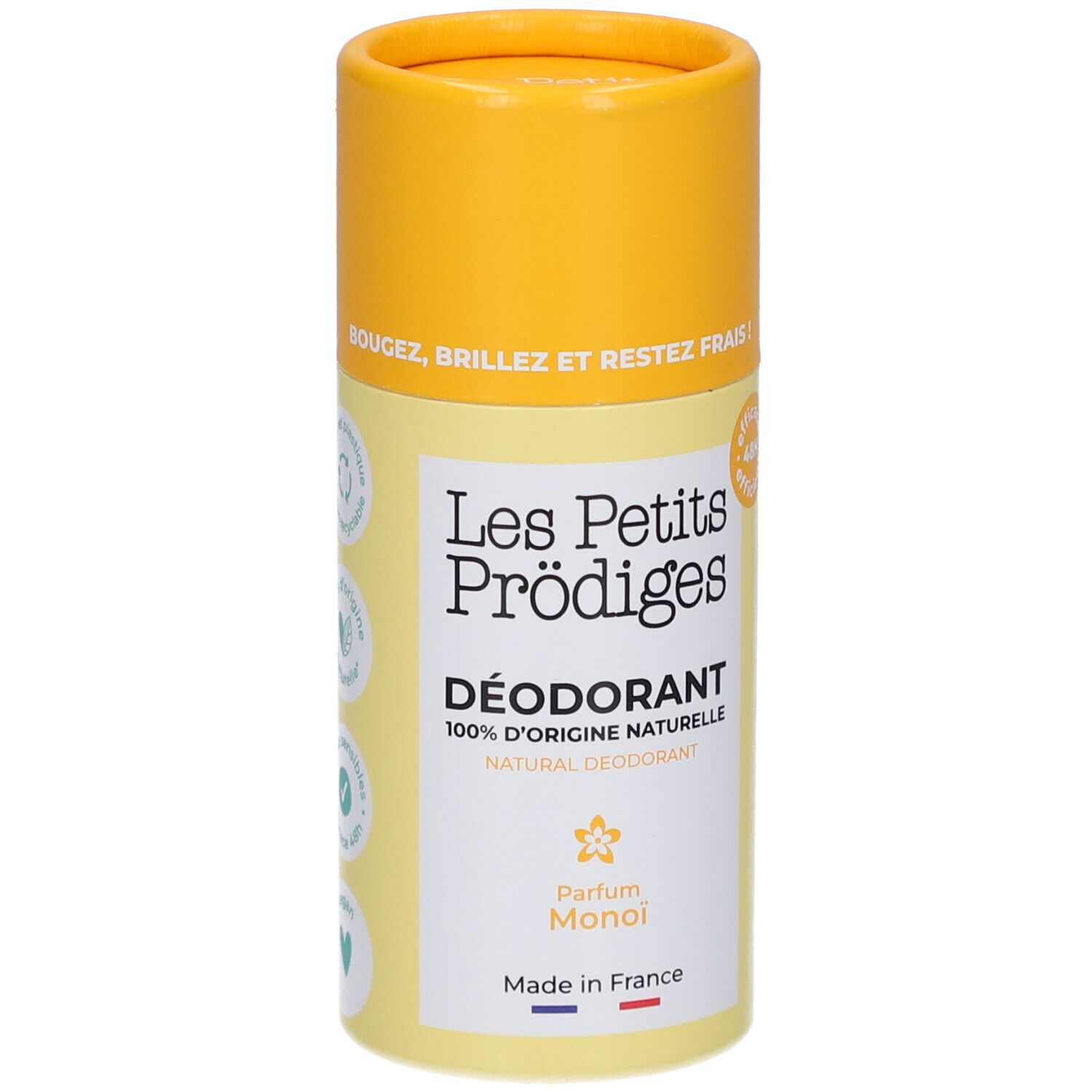 Stick de déodorant cylindrique, jaune et blanc. Inscription : Les Petits Prodiges, Déodorant, Parfum Monoï. Fabriqué en France.