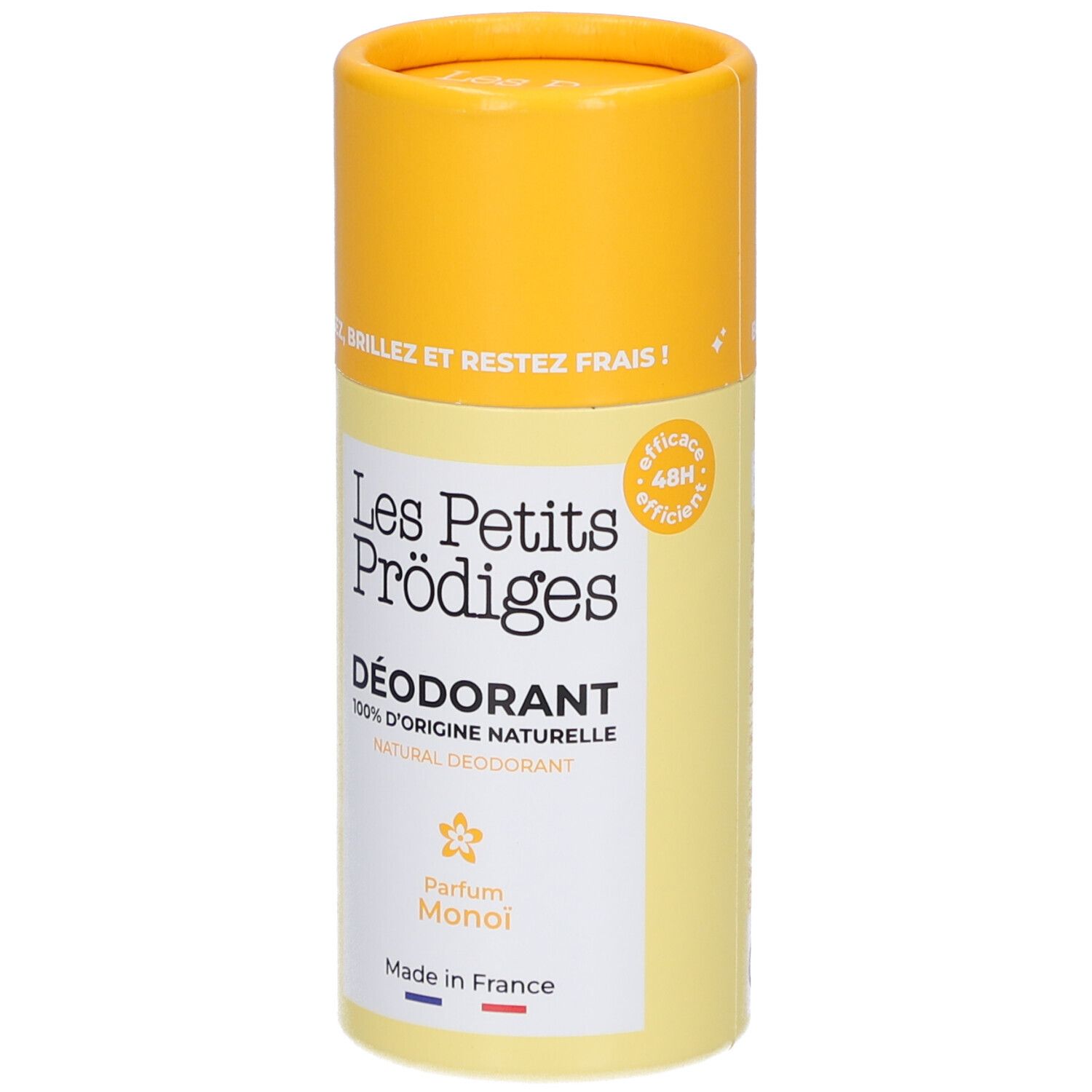 Stick de déodorant jaune et blanc. Inscription : Les Petits Prodiges, Déodorant, Parfum Monoï. Efficacité 48H.