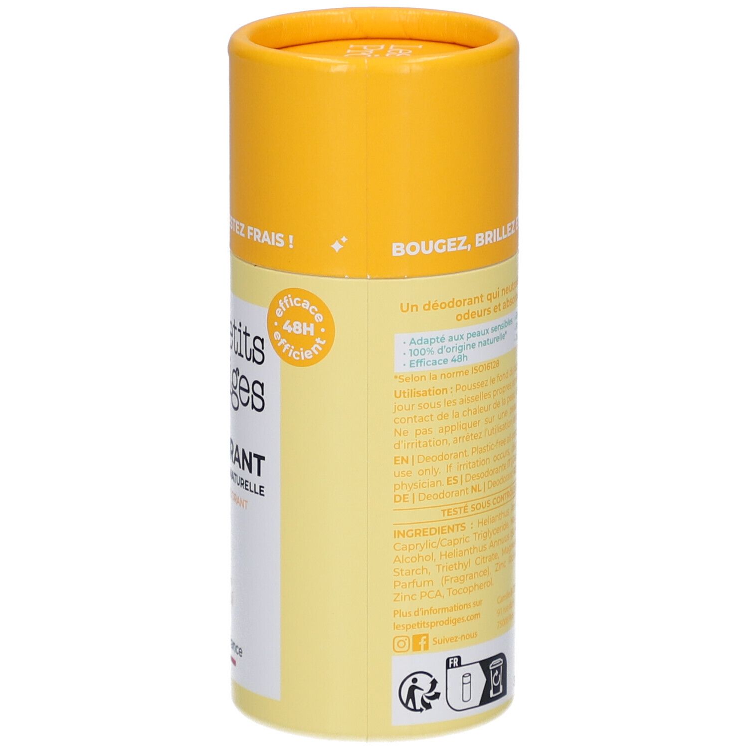 Stick de déodorant jaune et blanc. Inscription : Les Petits Prodiges, Déodorant, Efficacité 48H. Informations en français.