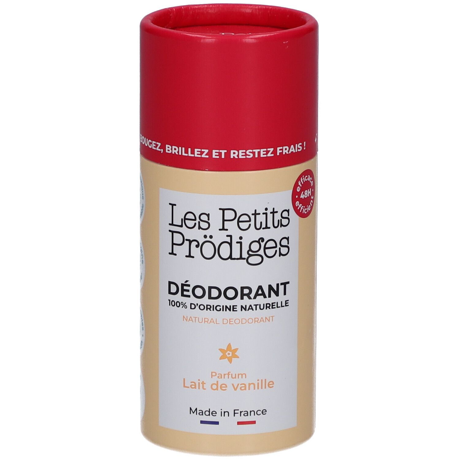 Emballage cylindrique de déodorant avec couvercle rouge. Inscription: Les Petits Prodiges, Déodorant, Lait de vanille. Fabriqué en France.