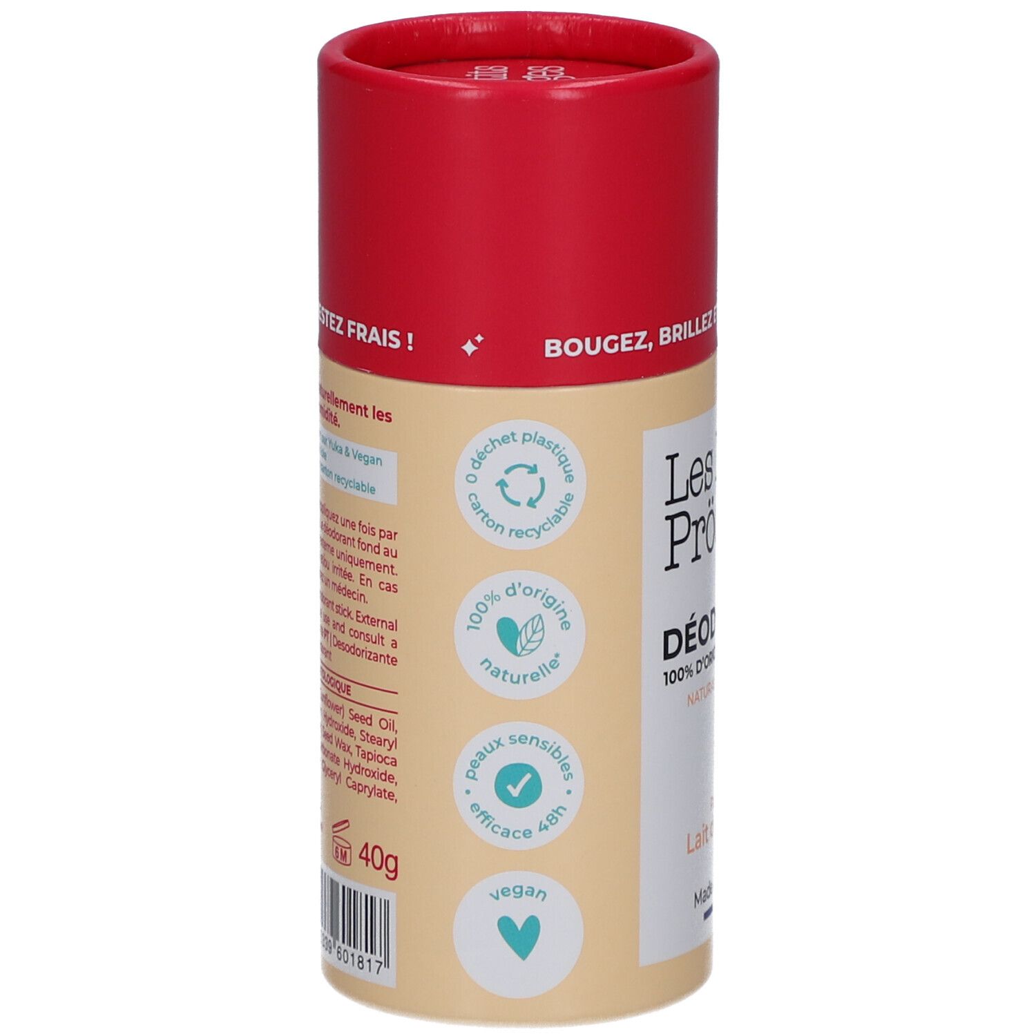 Emballage de déodorant avec couvercle rouge. Inscription: Les Petits Prodiges, Déodorant. Logos: 100% d'origine naturelle, peaux sensibles, vegan.