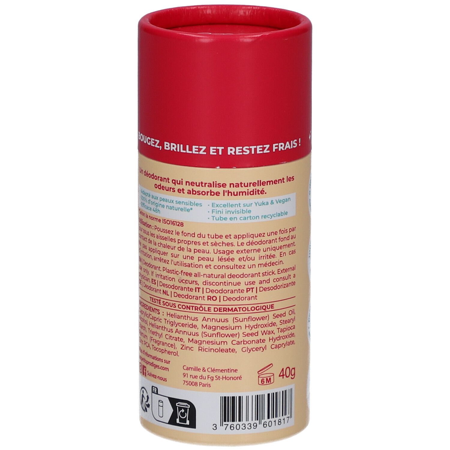 Emballage de déodorant avec couvercle rouge. Texte: Ingrédients, mode d'emploi. Inscription: Camille & Clémentine, 40g. Code-barres.