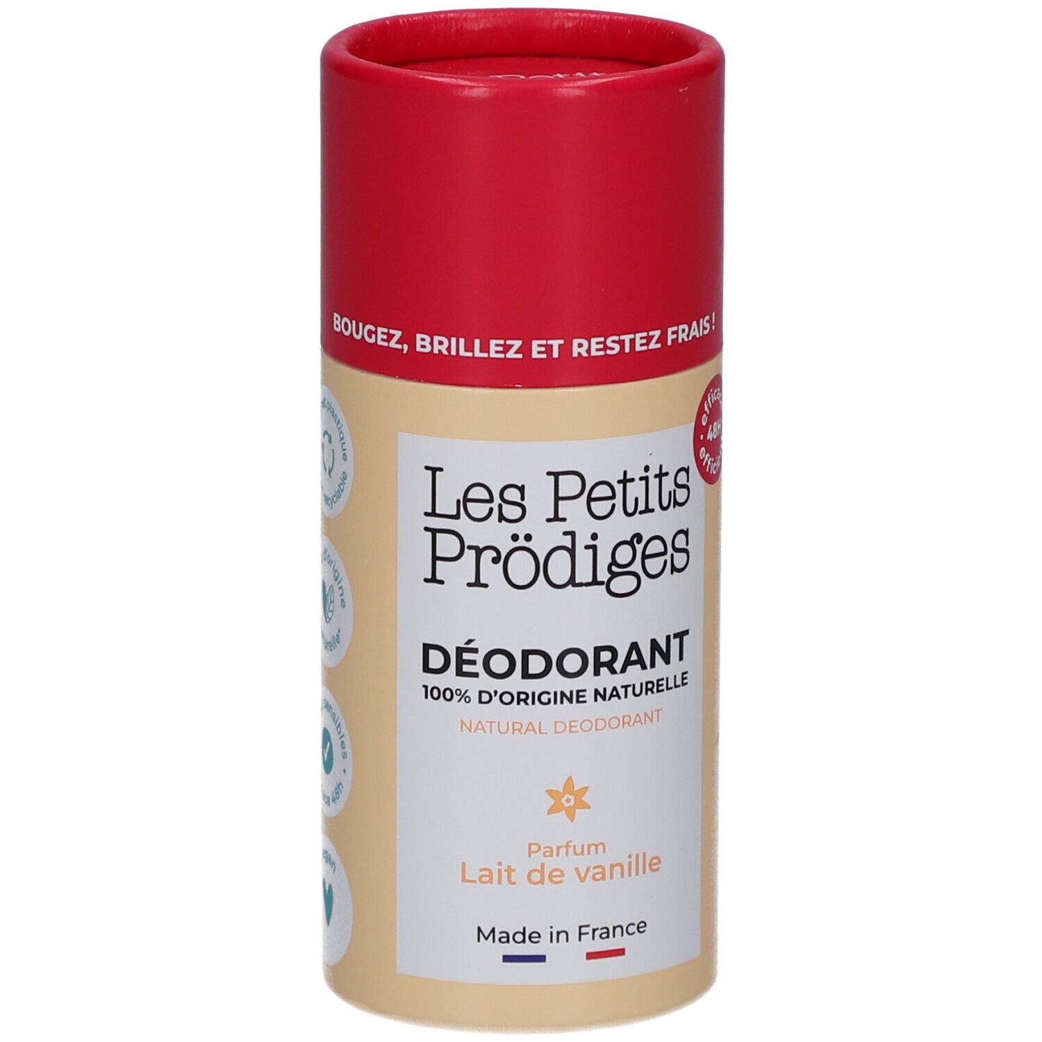Emballage cylindrique de déodorant avec couvercle rouge. Inscription: Les Petits Prodiges, Déodorant, Lait de vanille. Logos: 100% d'origine naturelle.