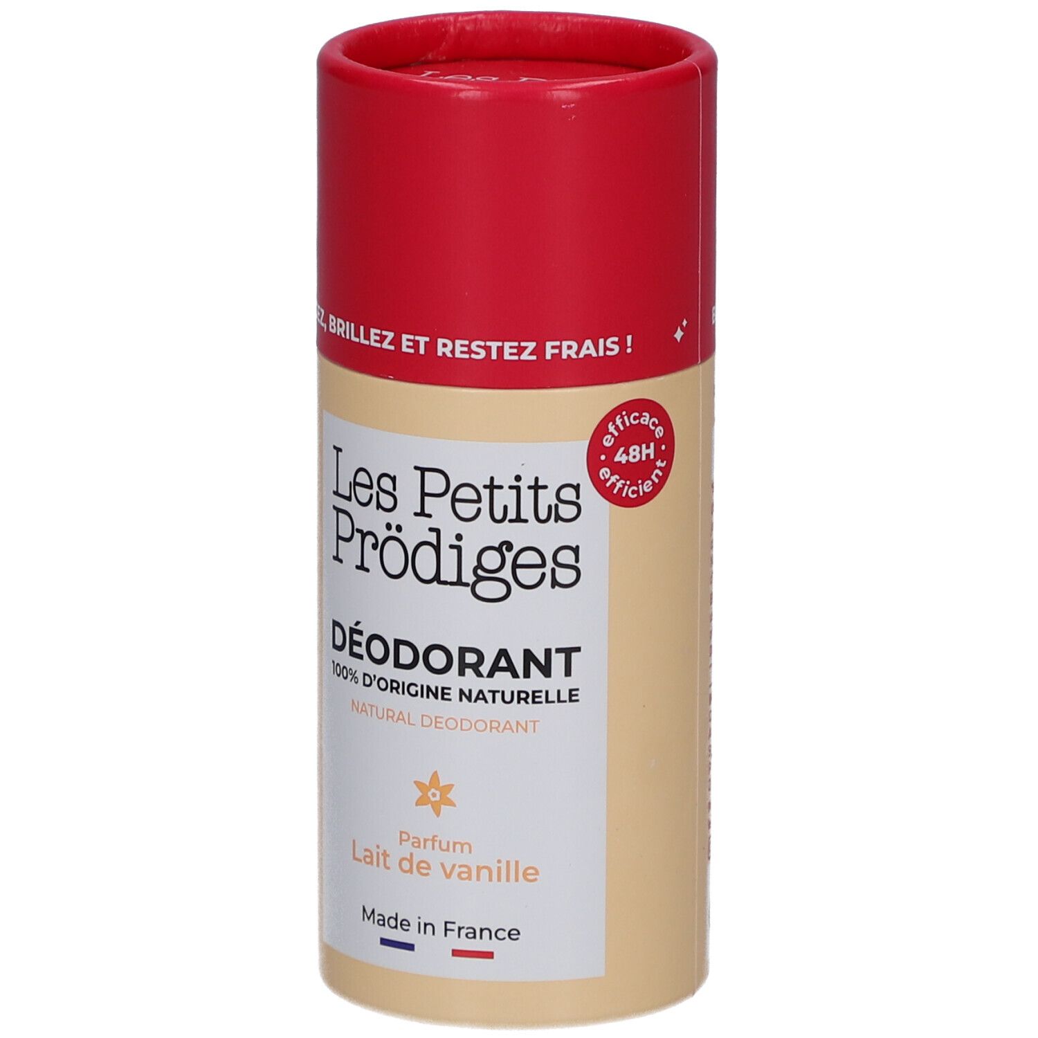 Emballage de déodorant avec couvercle rouge. Inscription: Les Petits Prodiges, Déodorant, Lait de vanille. Logo: efficace 48H.