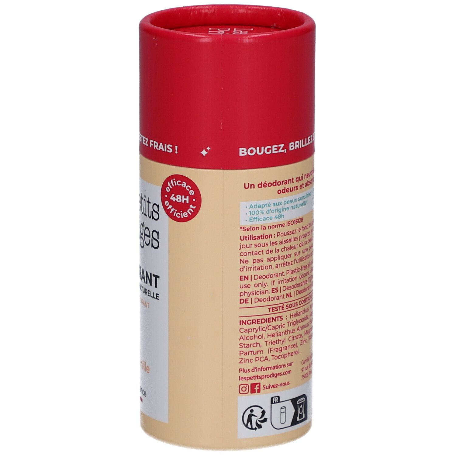Emballage de déodorant avec couvercle rouge. Inscription: Les Petits Prodiges, Déodorant. Logo: efficace 48H. Texte: Ingrédients.