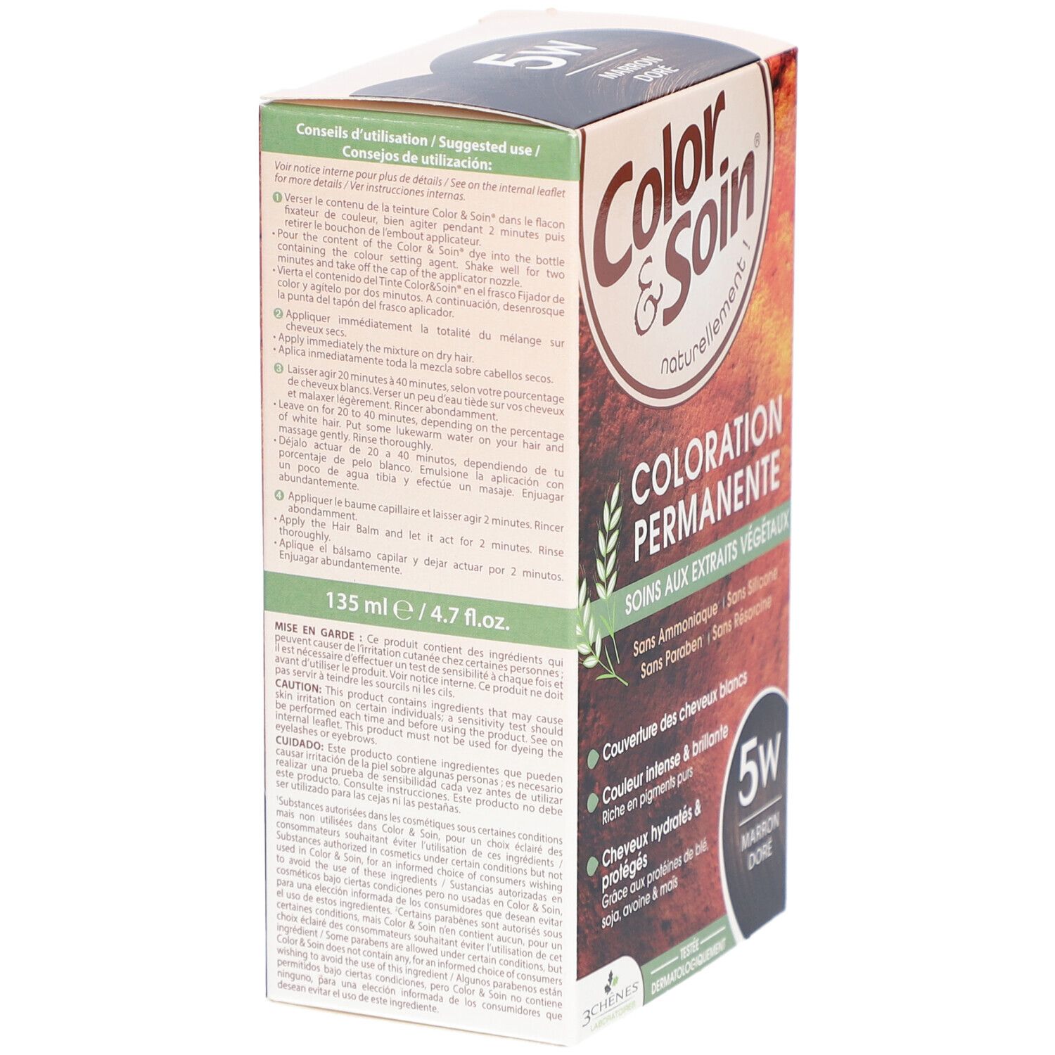 Verpakking van COLOR & SOIN Coloration Permanente 5W Marron Doré. Toont instructies en ingrediënten.
