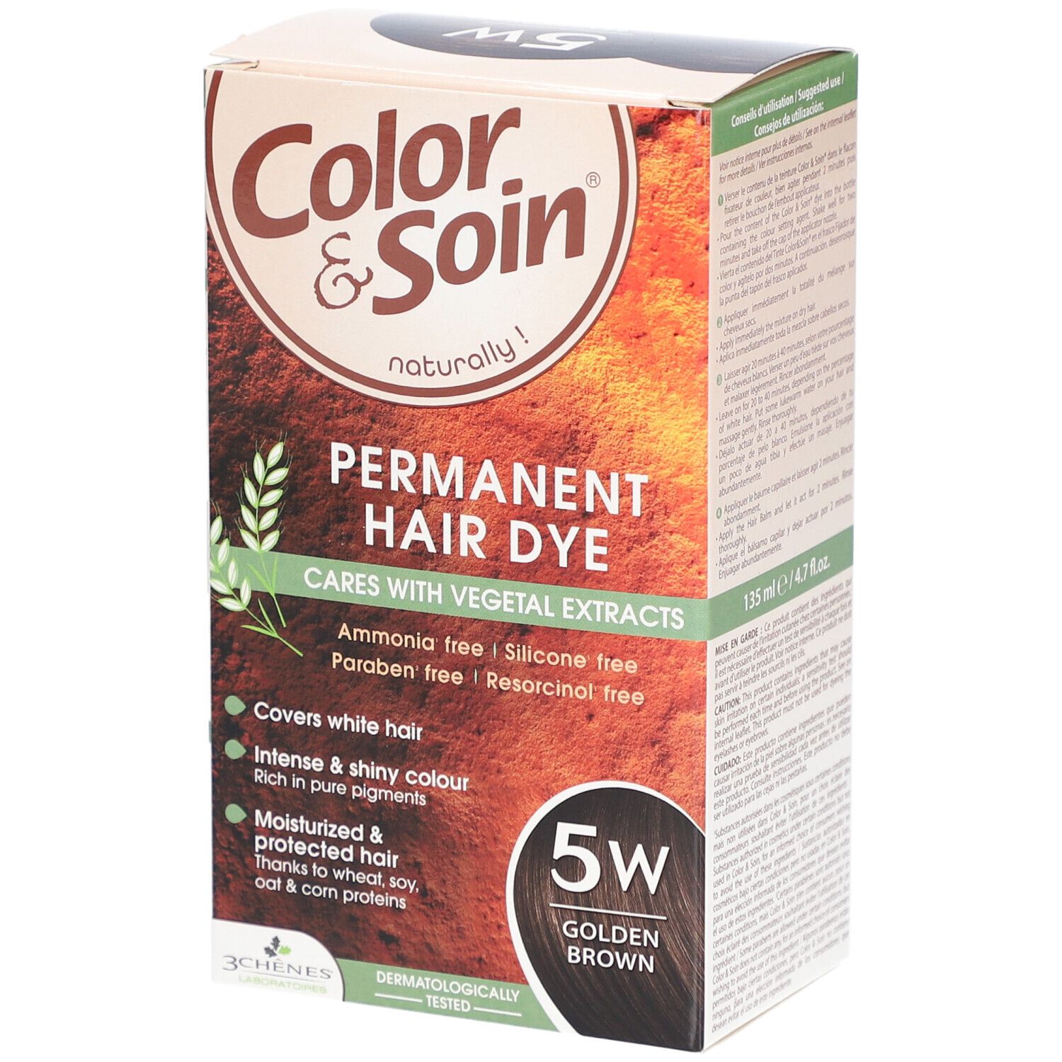 Verpakking van COLOR & SOIN Permanent Hair Dye 5W Golden Brown. Bevat informatie over ingrediënten en kenmerken.