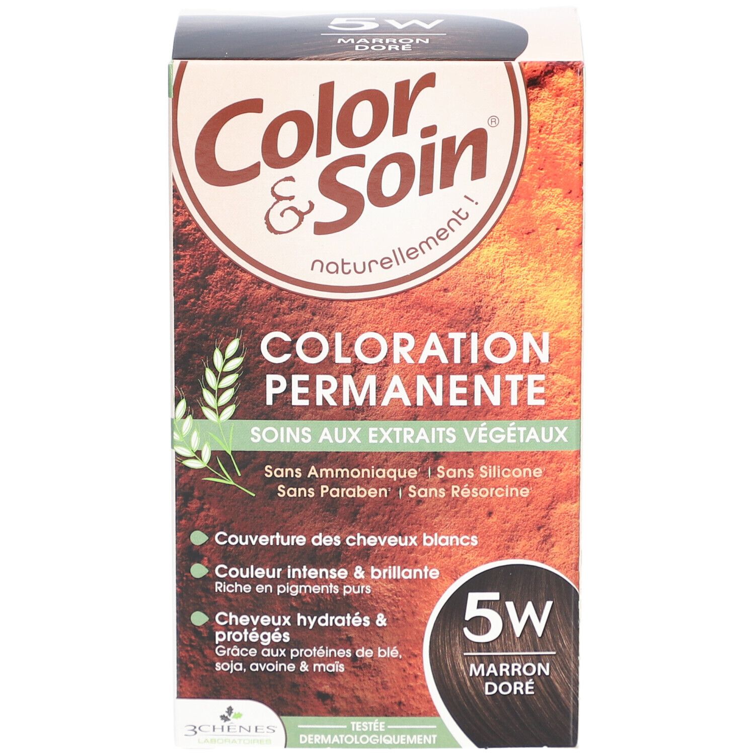 Verpakking van COLOR & SOIN Coloration Permanente 5W Marron Doré. Toont productkenmerken en tint.