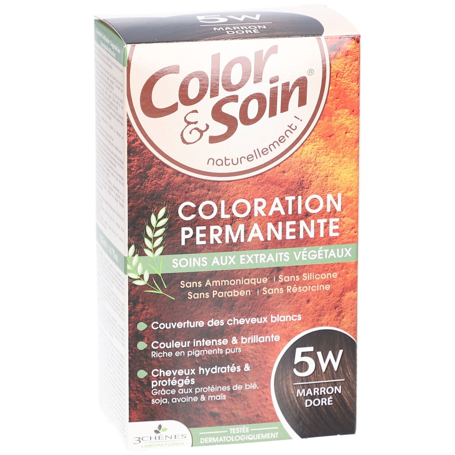 Verpakking van COLOR & SOIN Coloration Permanente 5W Marron Doré. Toont productkenmerken en tint.