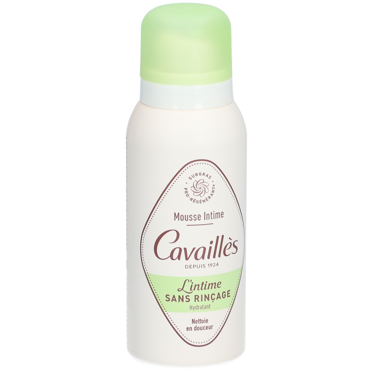 Witte spray met groene dop. Opschrift: Mousse Intime, Cavaillès, L'intime Sans Rinçage. Hydratant.