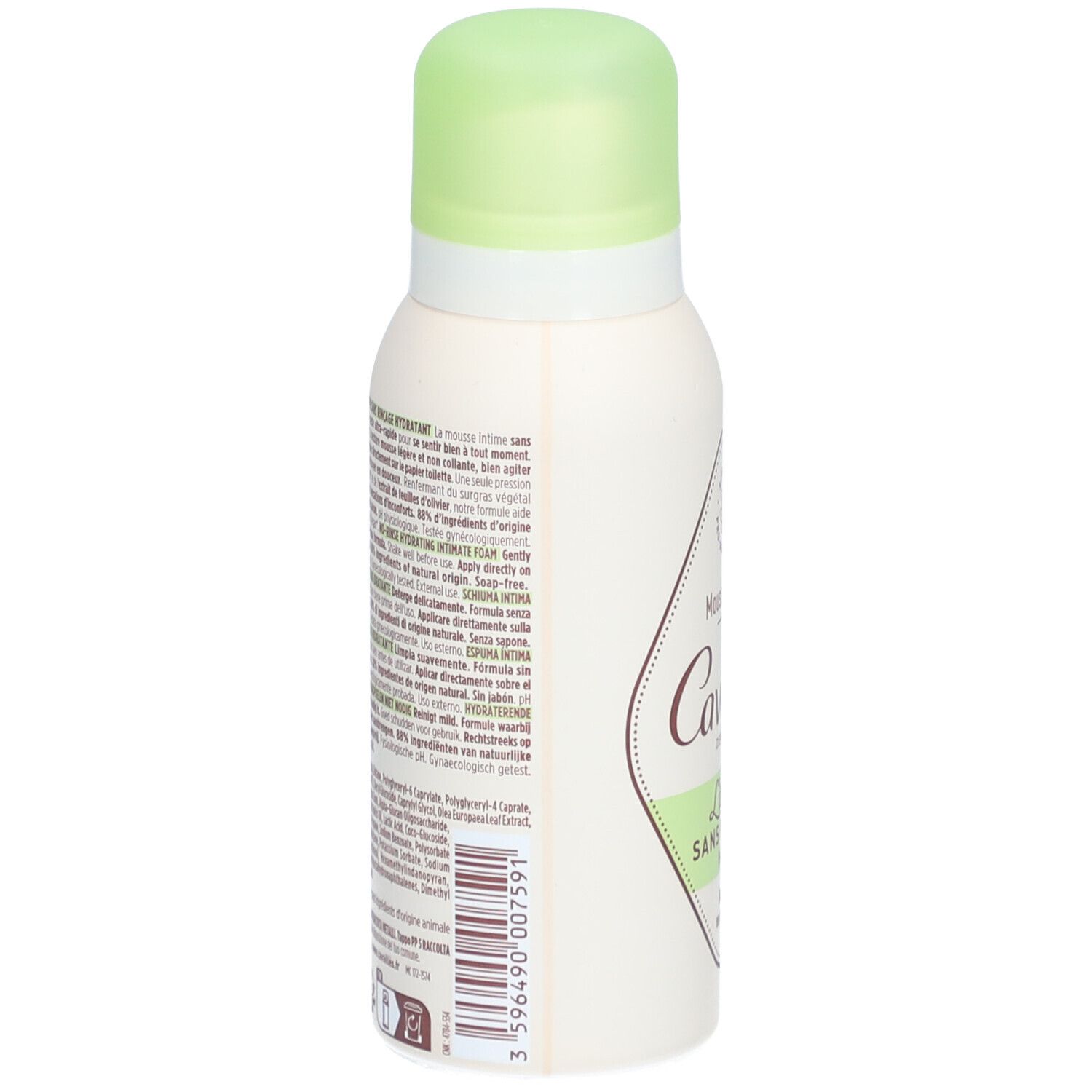 Witte spray met groene dop. Opschrift: Cavaillès, L'intime Sans Rinçage. Tekst op de zijkant.