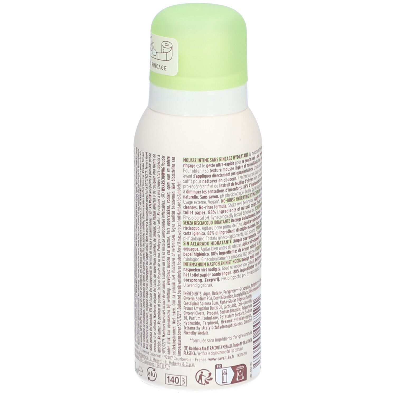 Witte spray met groene dop. Tekst en ingrediënten op de zijkant. Opschrift: Mousse Intime Sans Rinçage.