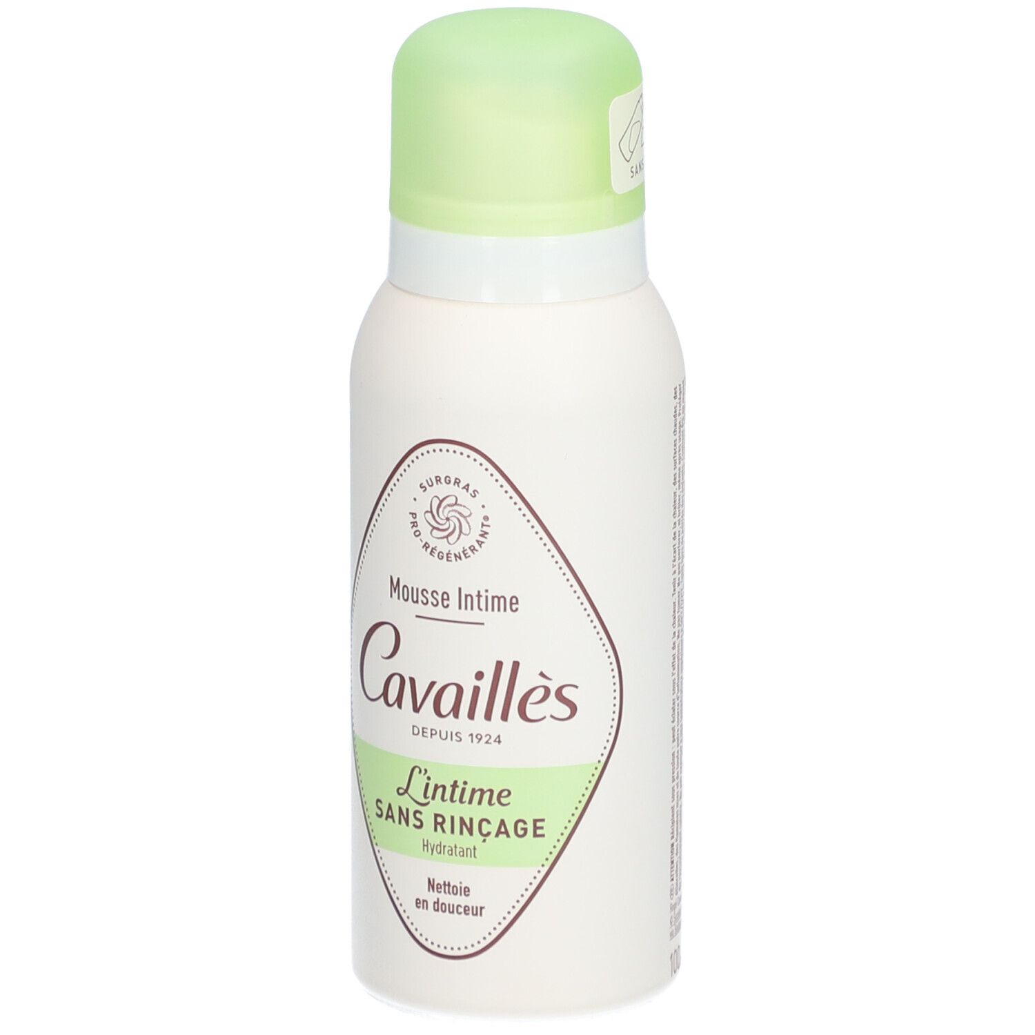 Witte spray met groene dop. Opschrift: Mousse Intime, Cavaillès, L'intime Sans Rinçage. Hydratant.