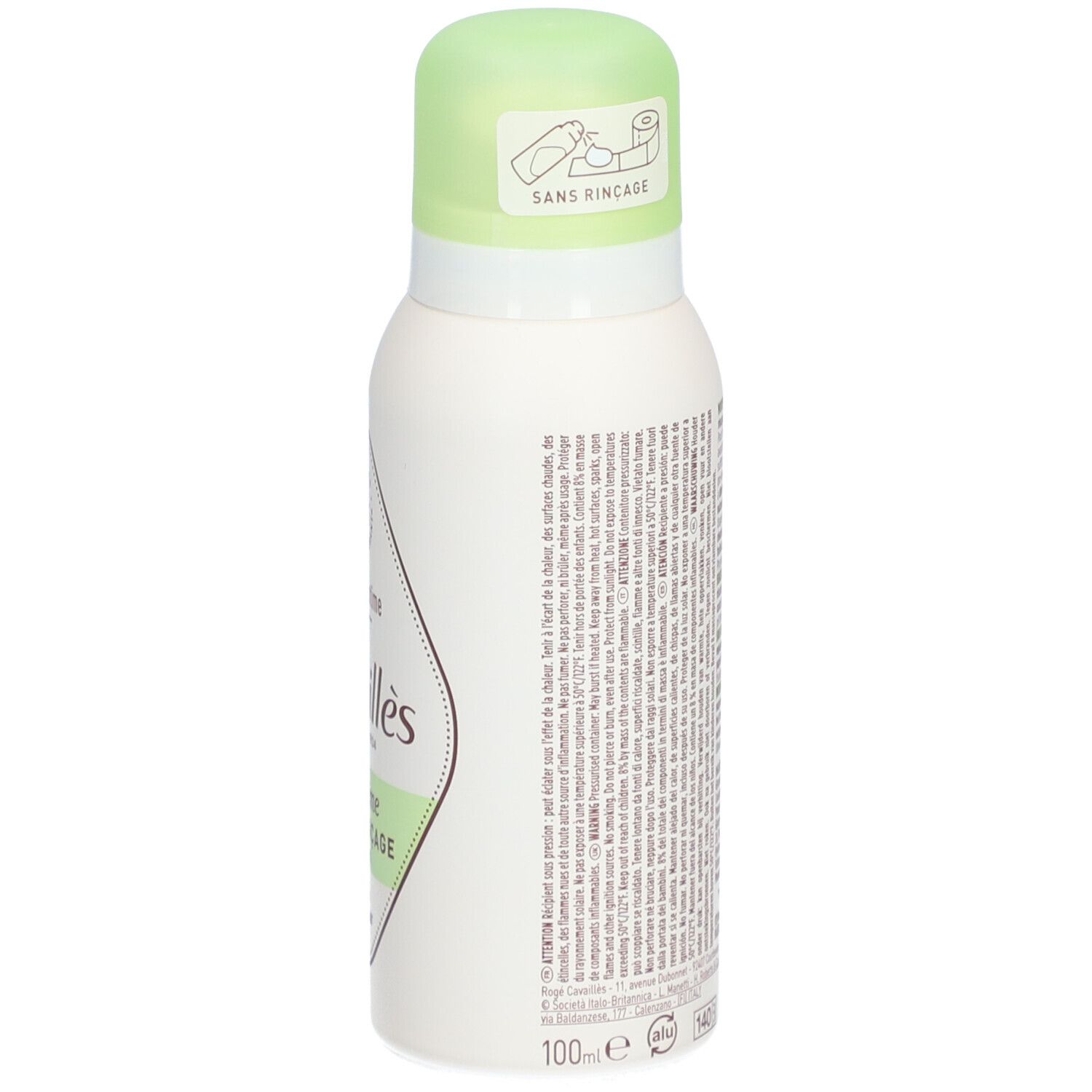 Witte spray met groene dop. Tekst op de zijkant. Opschrift: Mousse Intime, Cavaillès, L'intime Sans Rinçage.