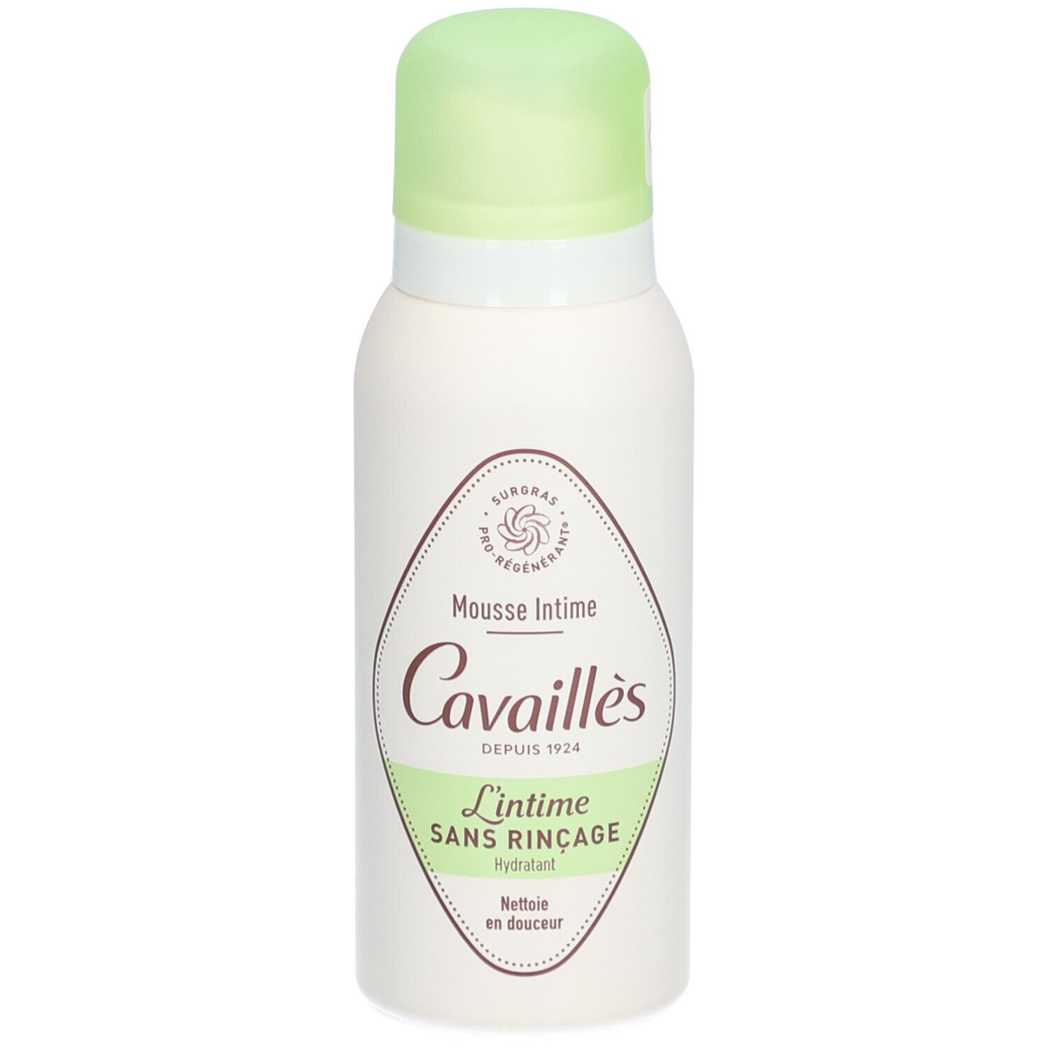 Witte spray met groene dop. Opschrift: Mousse Intime, Cavaillès, L'intime Sans Rinçage. Hydratant.