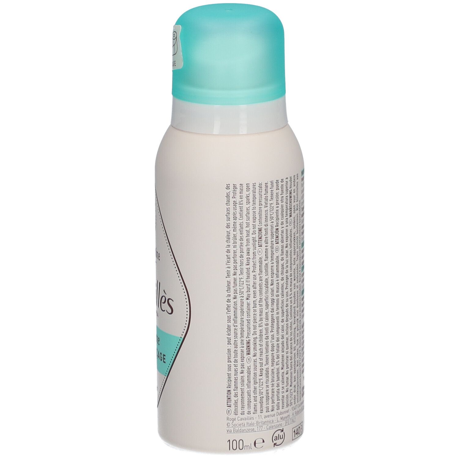 Vue arrière d'un flacon blanc et turquoise. Texte sur l'étiquette. Bouchon turquoise. Inscription: 100ml.