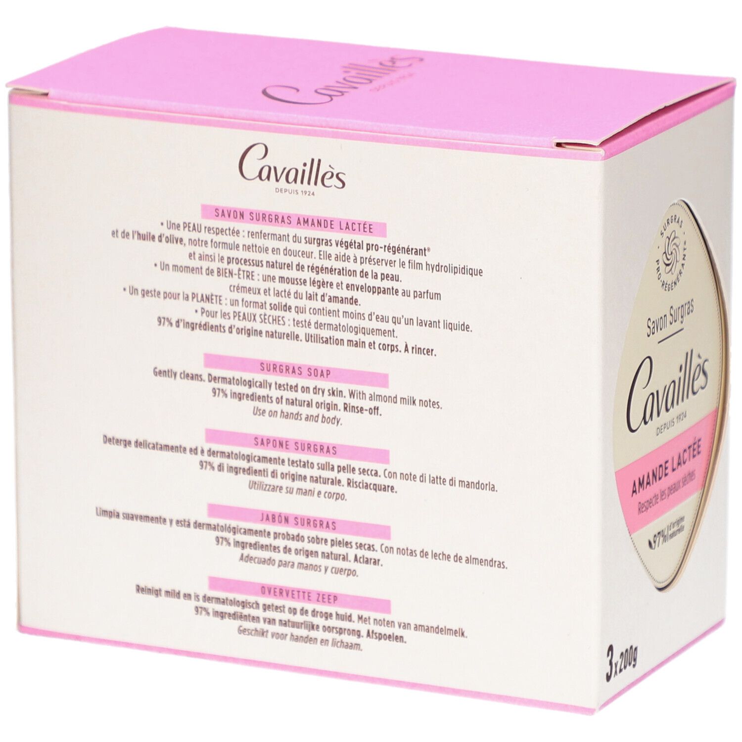 Achterkant van de verpakking met tekst. Roze en wit. Tekst: Cavaillès, Savon Surgras Amande Lactée, ingrediënten, 3x200g.