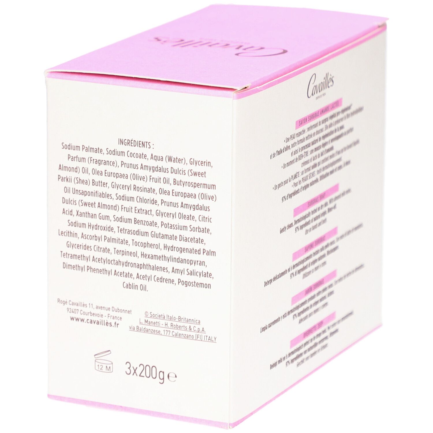 Zijkant van de verpakking met tekst. Roze en wit. Tekst: Cavaillès, ingrediënten, 3x200g.