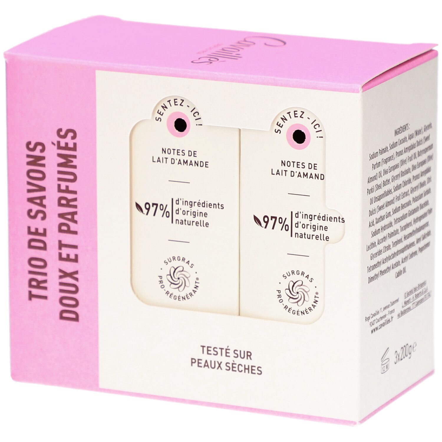 Verpakking met twee zepen. Roze en wit. Tekst: Cavaillès, Notes de Lait d'Amande, 97% natuurlijke ingrediënten.