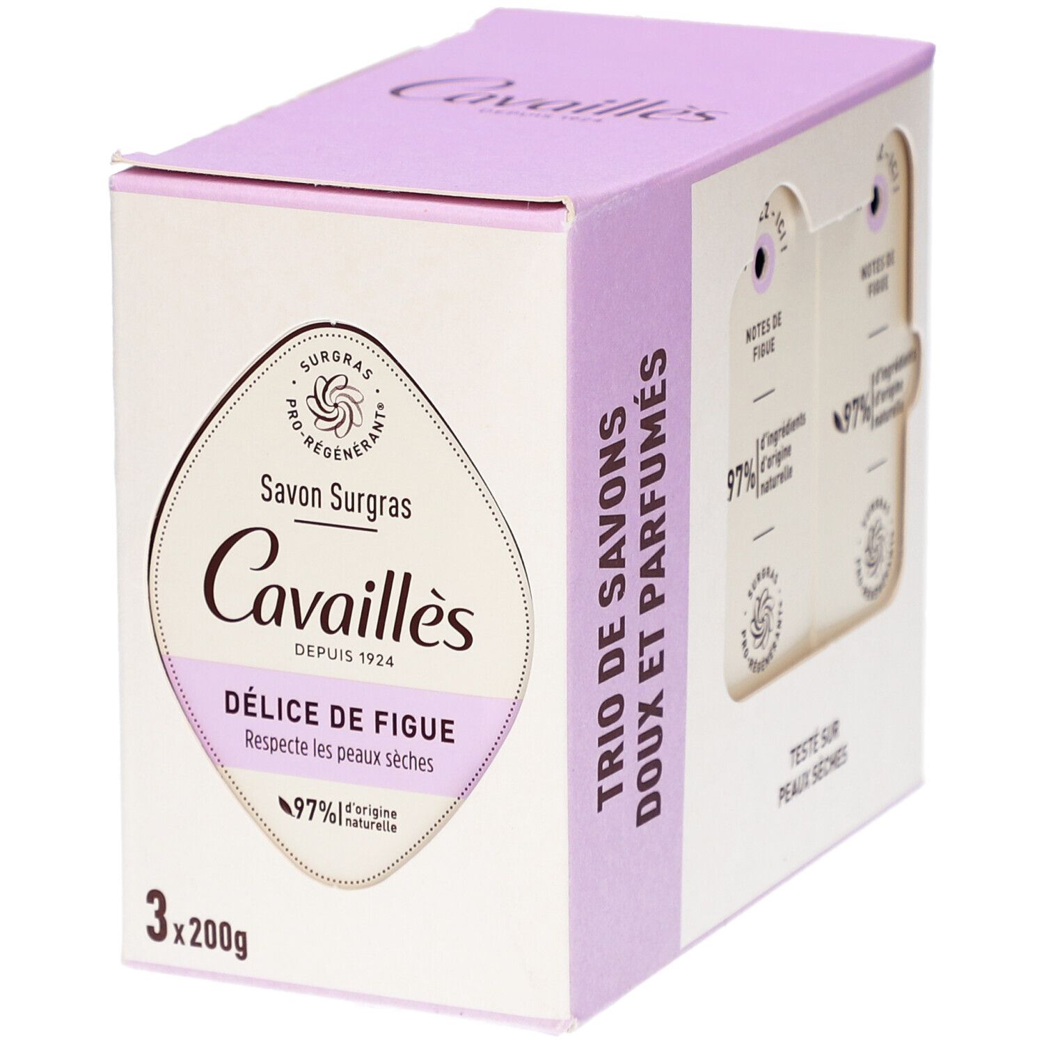 Verpakking met drie zepen. Opschrift: Cavaillès, Délice de Figue, 97% van natuurlijke oorsprong. Doos met venster.