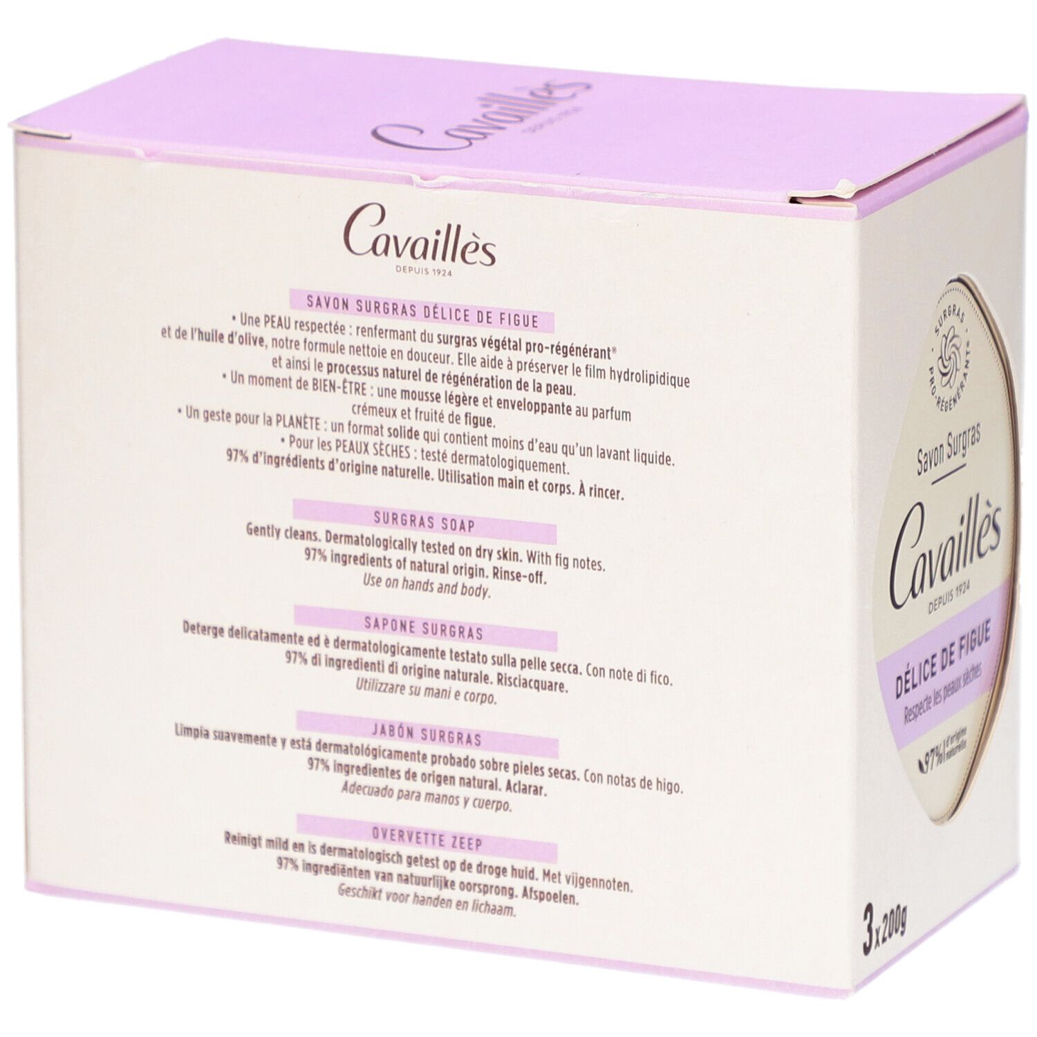 Doos met teksten in het Frans, Engels, Spaans en Italiaans. Productnaam: Cavaillès Savon Surgras Délice de Figue.