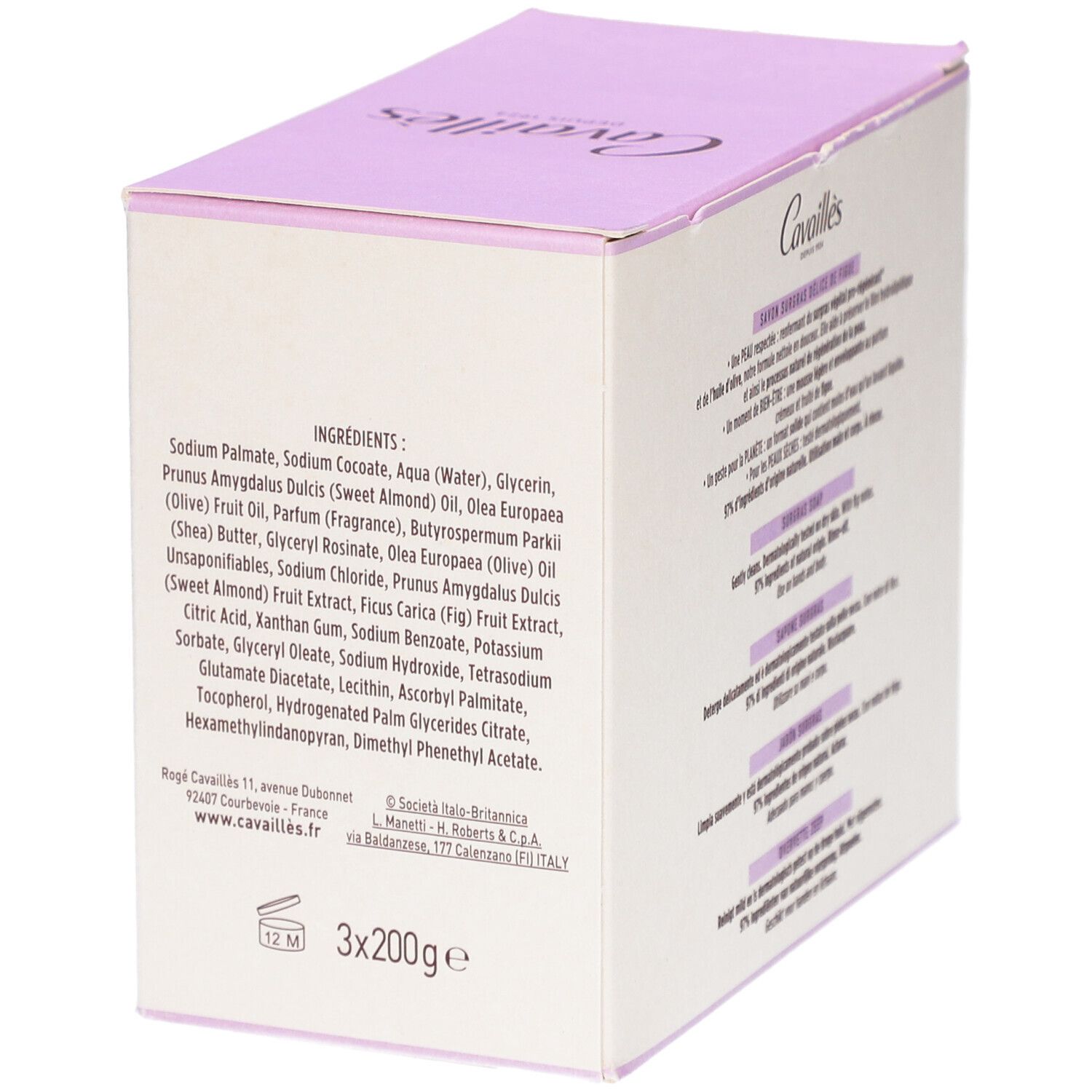Doos met ingrediënten en contactgegevens. Productnaam: Cavaillès Savon Surgras Délice de Figue. 3x200g.