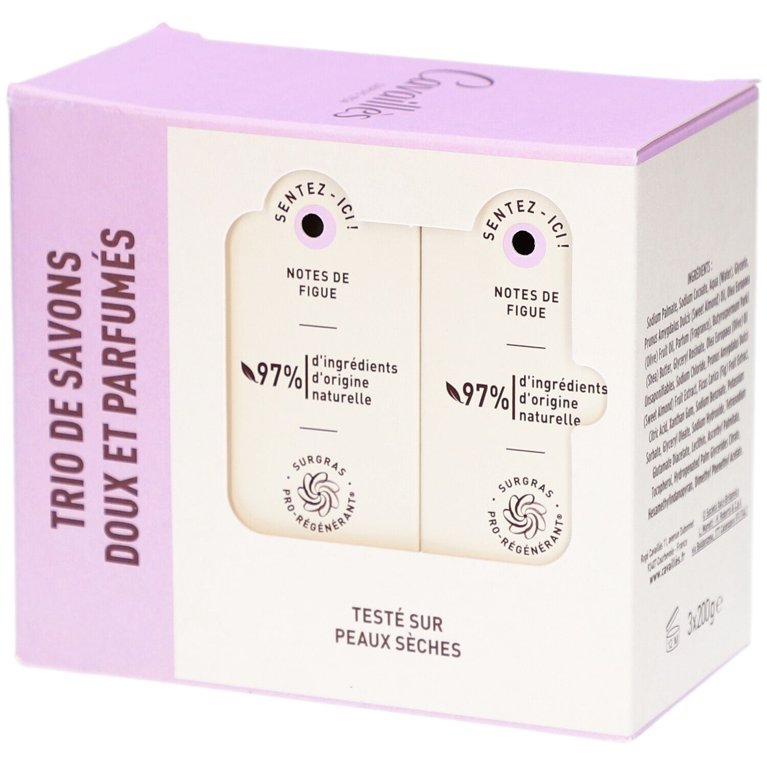 Doos met twee zepen. Opschrift: Cavaillès, Délice de Figue, 97% van natuurlijke oorsprong. Getest op droge huid.