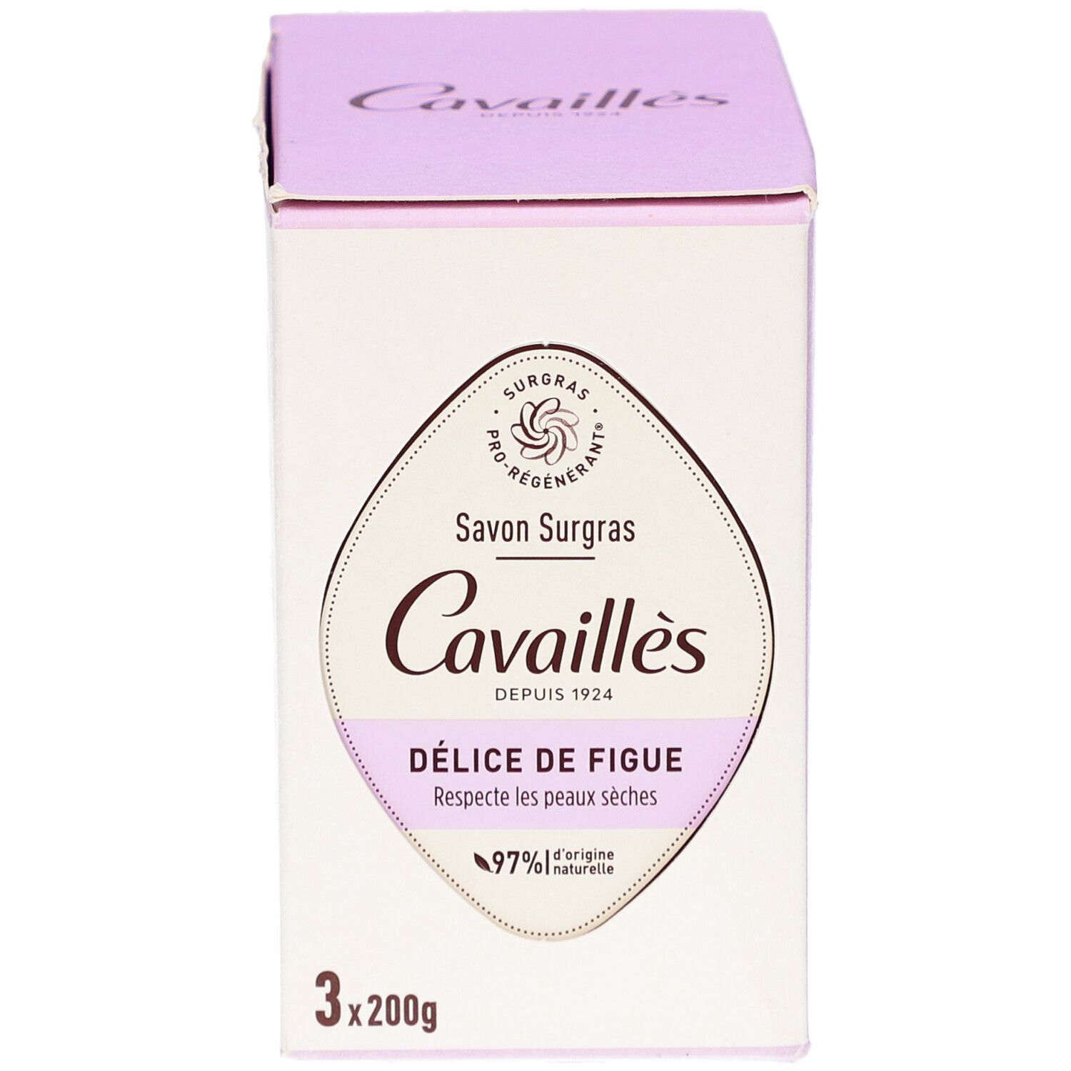 Doos met productinformatie. Opschrift: Cavaillès, Délice de Figue, 97% van natuurlijke oorsprong. 3x200g.