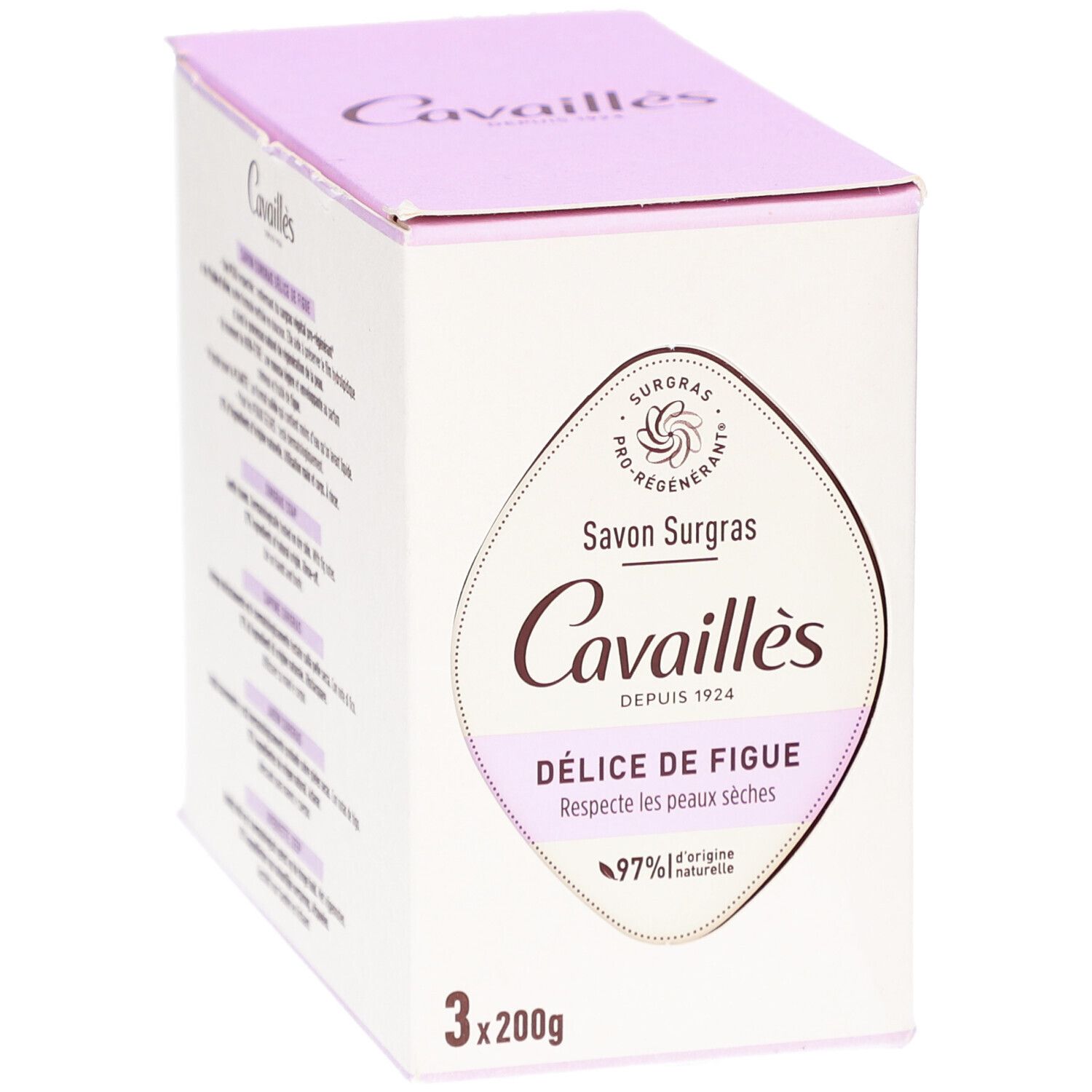 Doos met productinformatie. Opschrift: Cavaillès, Délice de Figue, 97% van natuurlijke oorsprong. 3x200g.