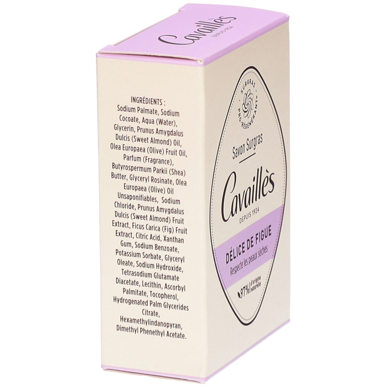 Cavaillès Délice de Figue verpakking. Ingrediëntenlijst. 97% van natuurlijke oorsprong.