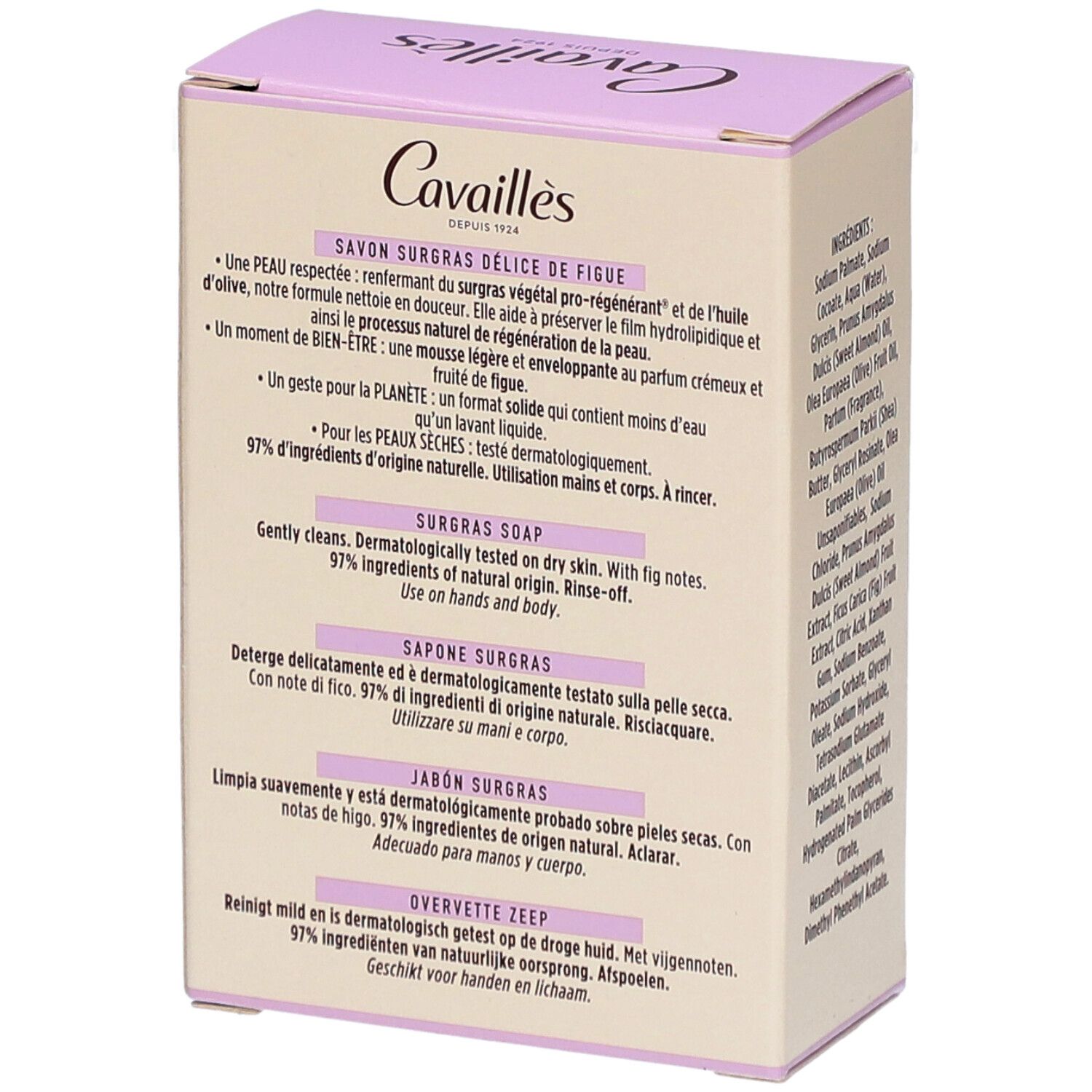 Cavaillès Délice de Figue verpakking. Meertalige tekst. 97% natuurlijke ingrediënten.