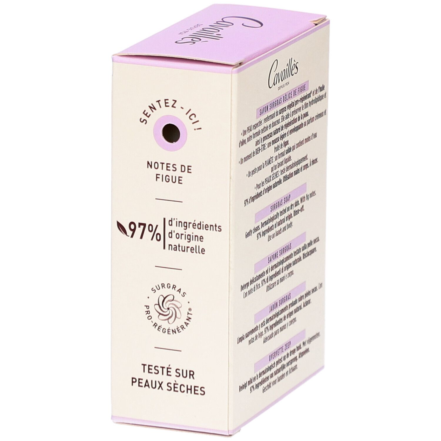 Cavaillès Délice de Figue verpakking. Tekst en logo. 97% natuurlijke ingrediënten.