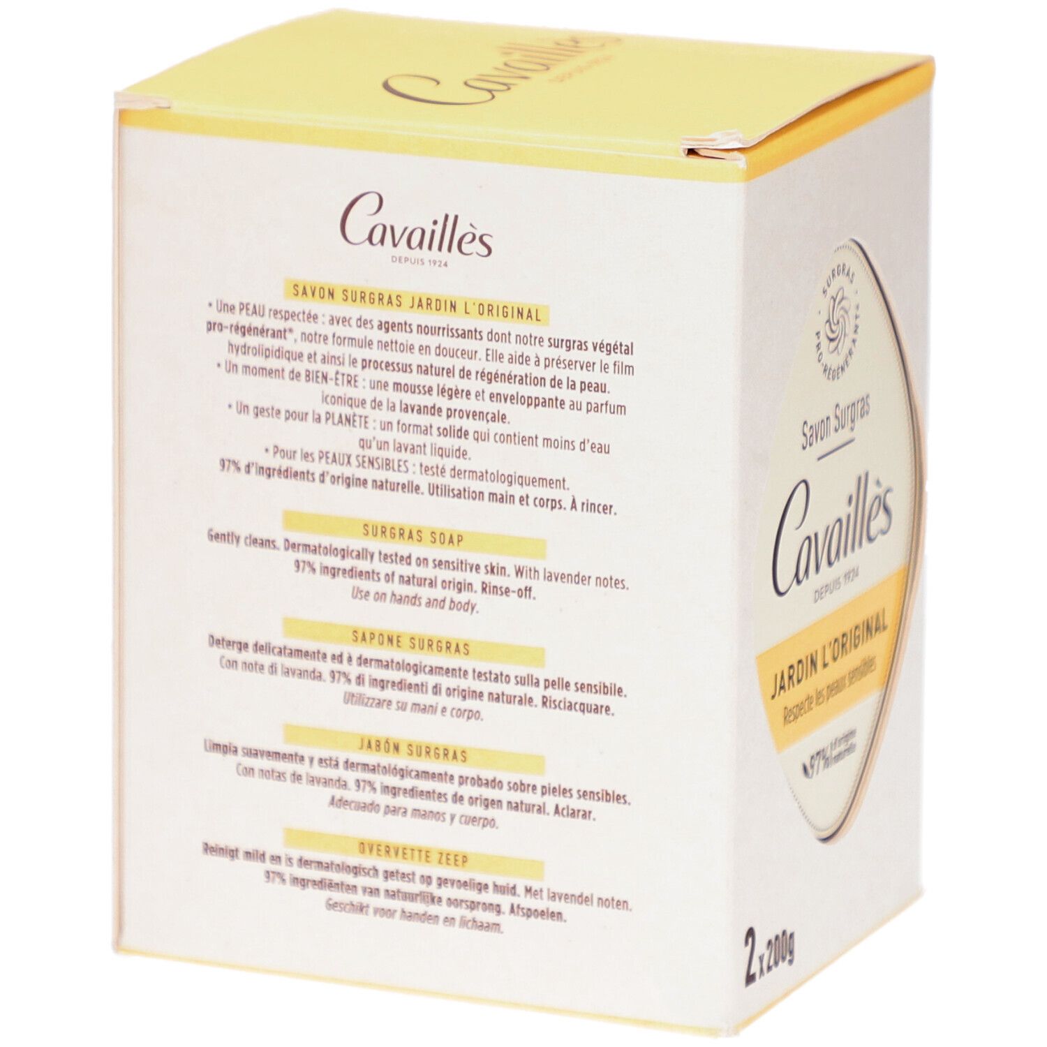 Boîte de CAVAILLES Savon Surgras. Texte multilingue. Contient des informations sur les ingrédients et les propriétés.