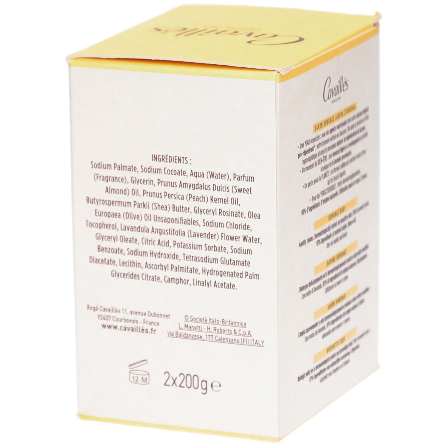 Dos de la boîte CAVAILLES Savon Surgras. Liste des ingrédients. Contient des informations sur la fabrication.