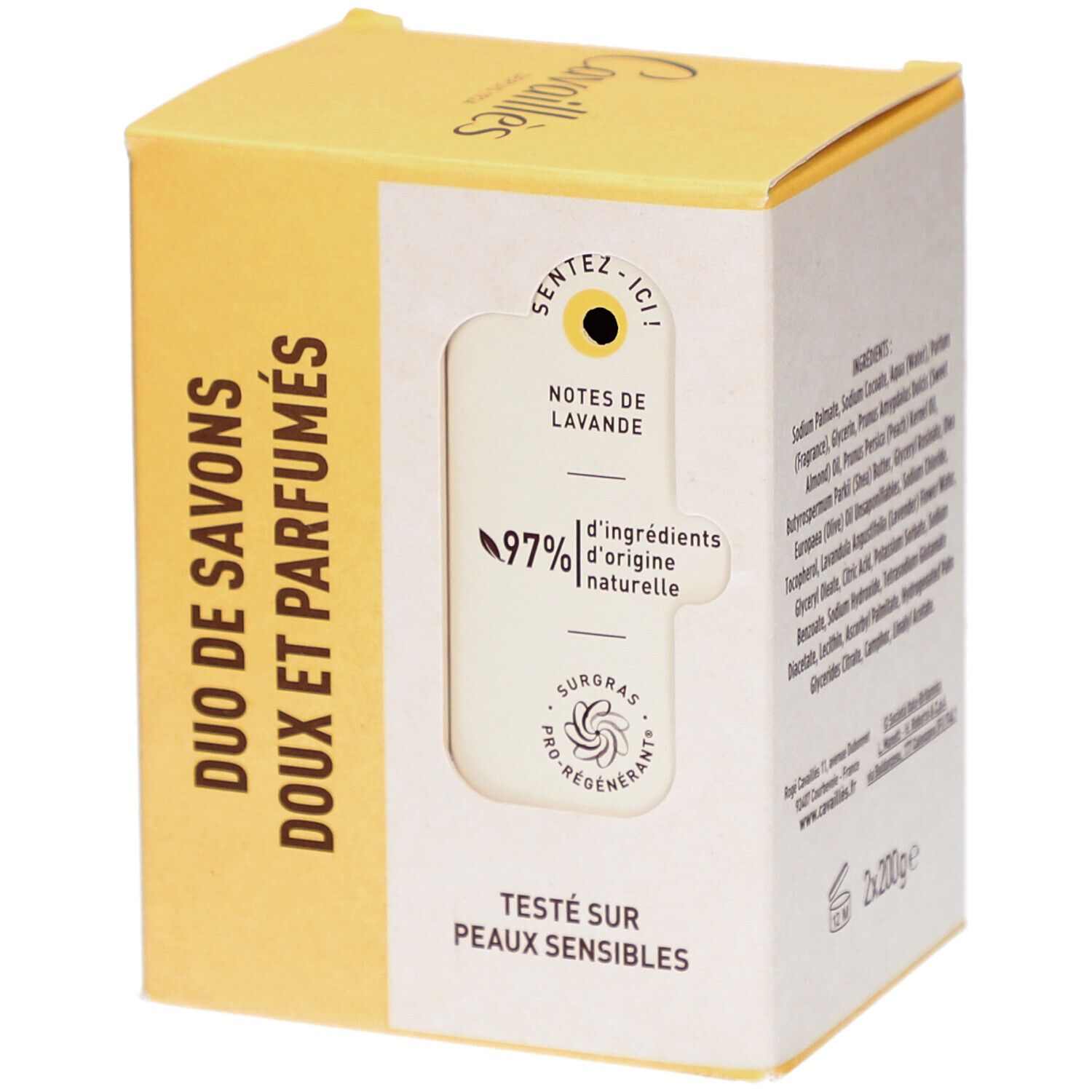 Boîte de CAVAILLES Savon Surgras. Duo de savons. Inscription: Jardin l'Original, 97% d'ingrédients naturels. Testé sur peaux sensibles.