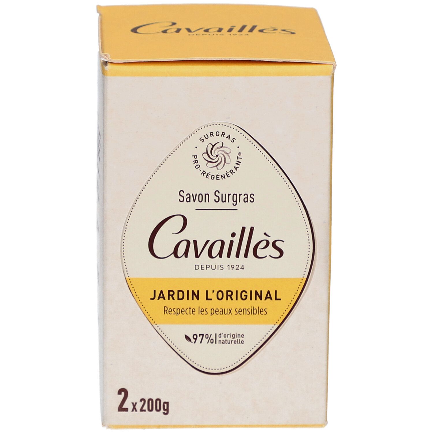Boîte de CAVAILLES Savon Surgras. Inscription: Jardin l'Original, 97% d'ingrédients naturels. Duo de savons. 2x200g.