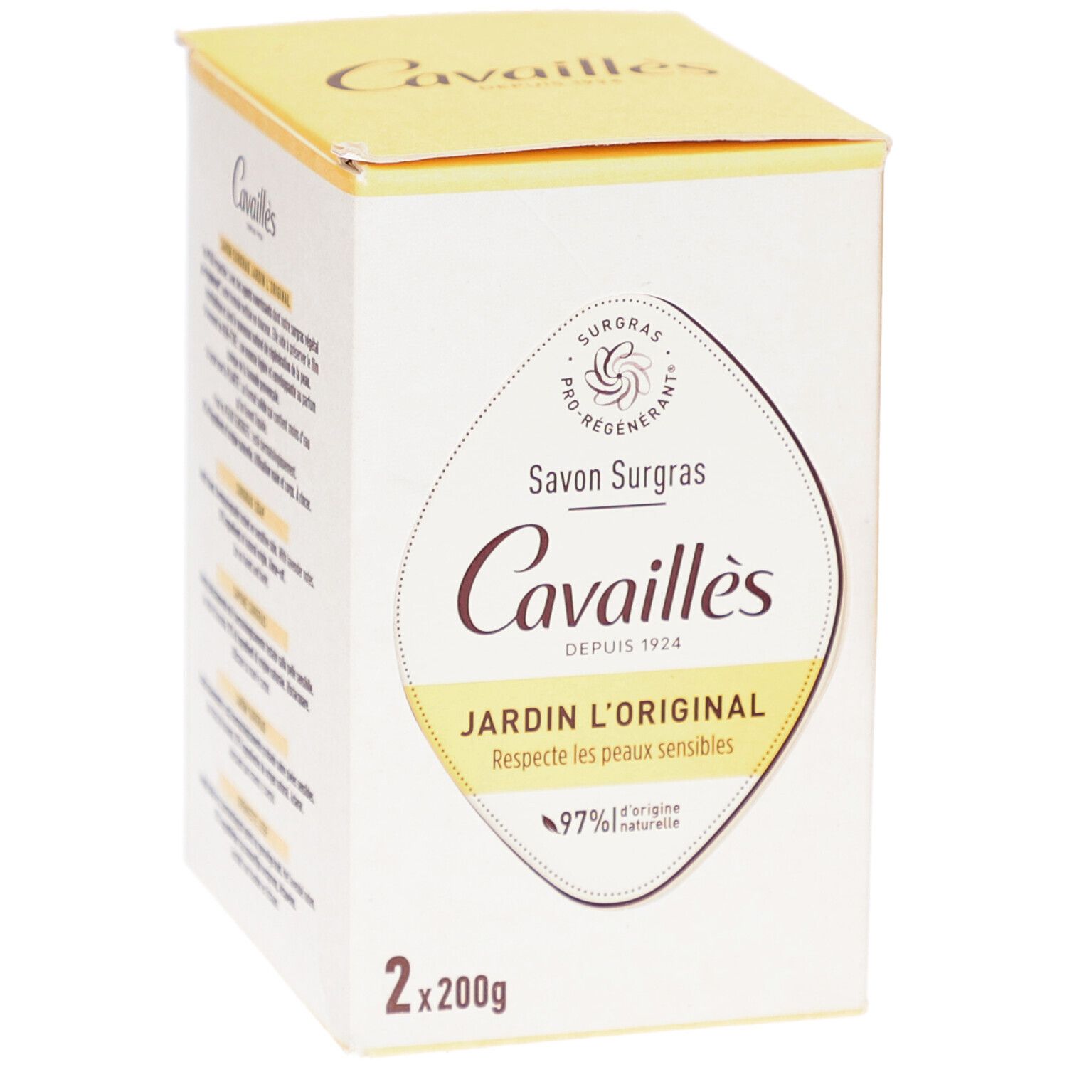 Boîte de CAVAILLES Savon Surgras. Inscription: Jardin l'Original, 97% d'ingrédients naturels. Duo de savons. 2x200g.