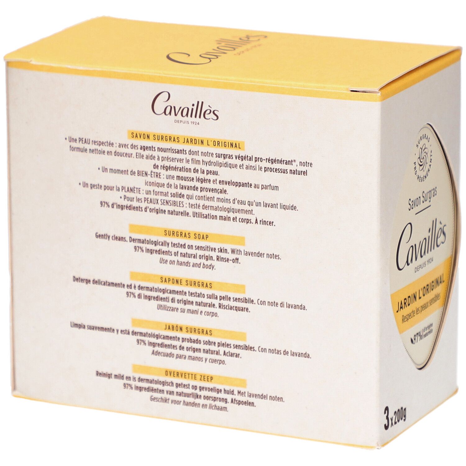 Achterkant van de verpakking met tekst. Productnaam: Cavaillès Savon Surgras Jardin l'Original. 3x200g. 97% natuurlijke ingrediënten.
