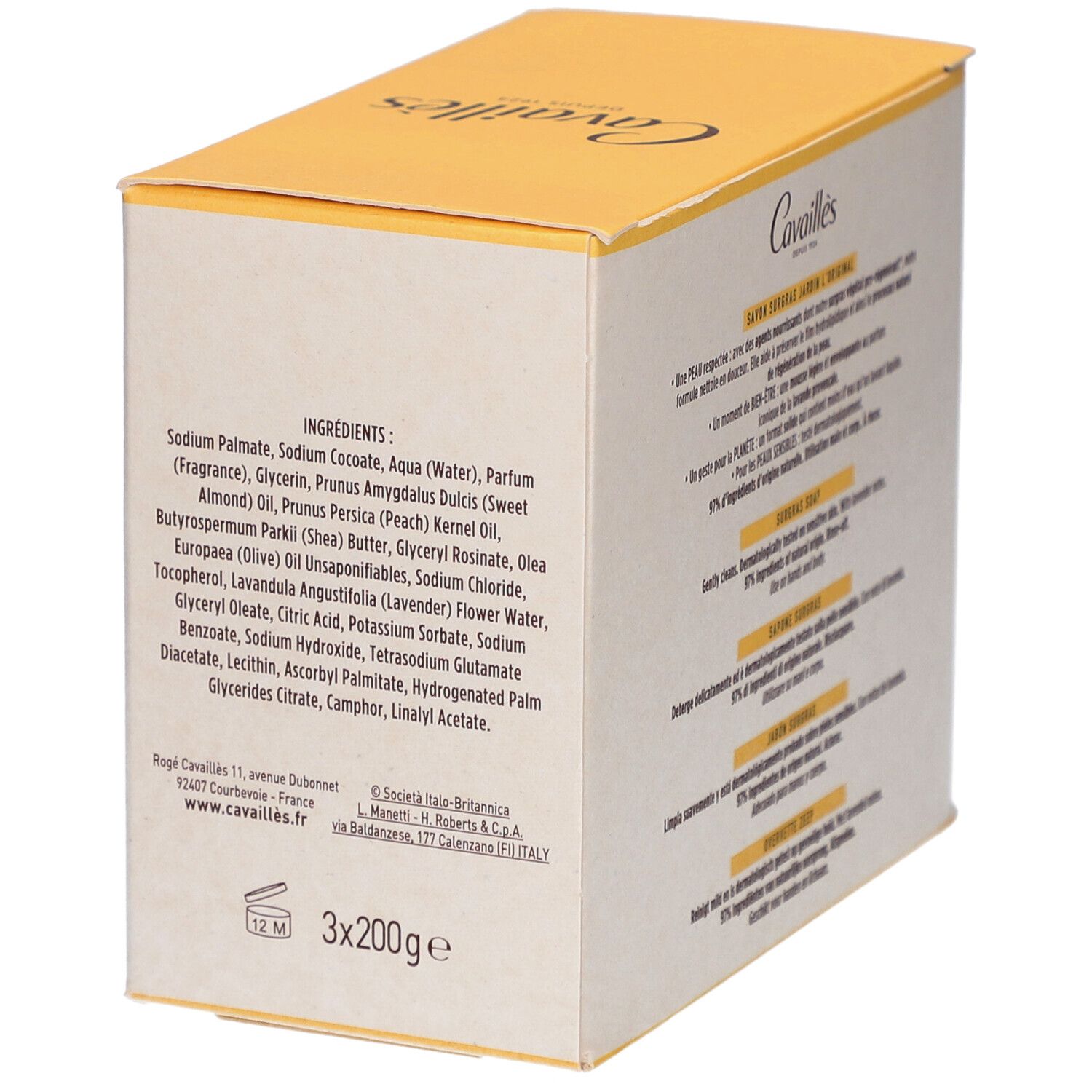 Verpakking met ingrediënten en informatie. Productnaam: Cavaillès Savon Surgras Jardin l'Original. 3x200g.