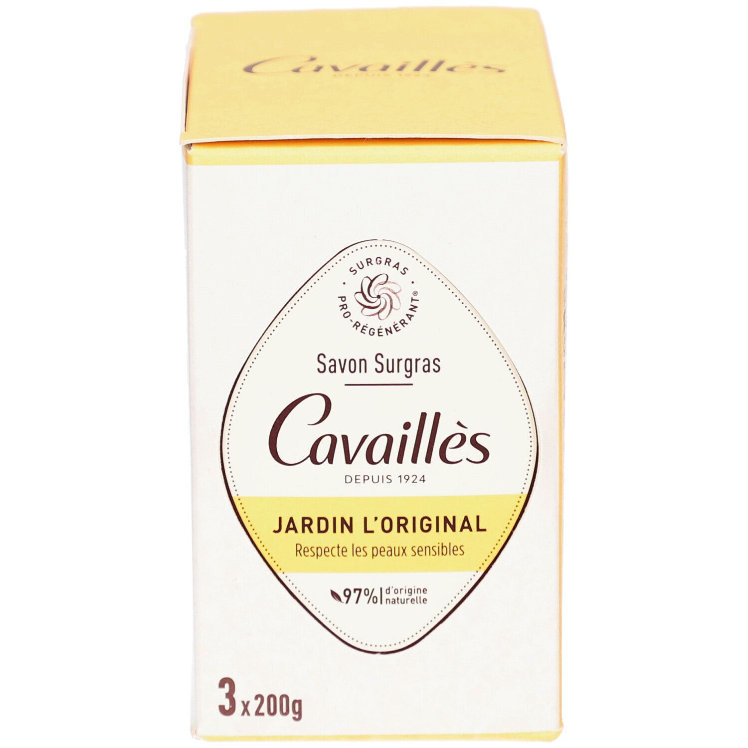 Verpakking met productnaam: Cavaillès Savon Surgras Jardin l'Original. 3x200g. 97% natuurlijke ingrediënten.