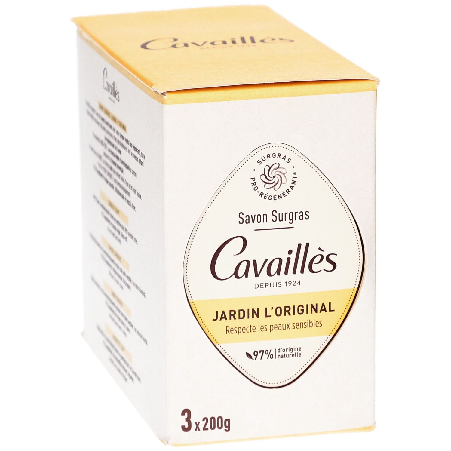 Verpakking met productnaam: Cavaillès Savon Surgras Jardin l'Original. 3x200g. 97% natuurlijke ingrediënten.