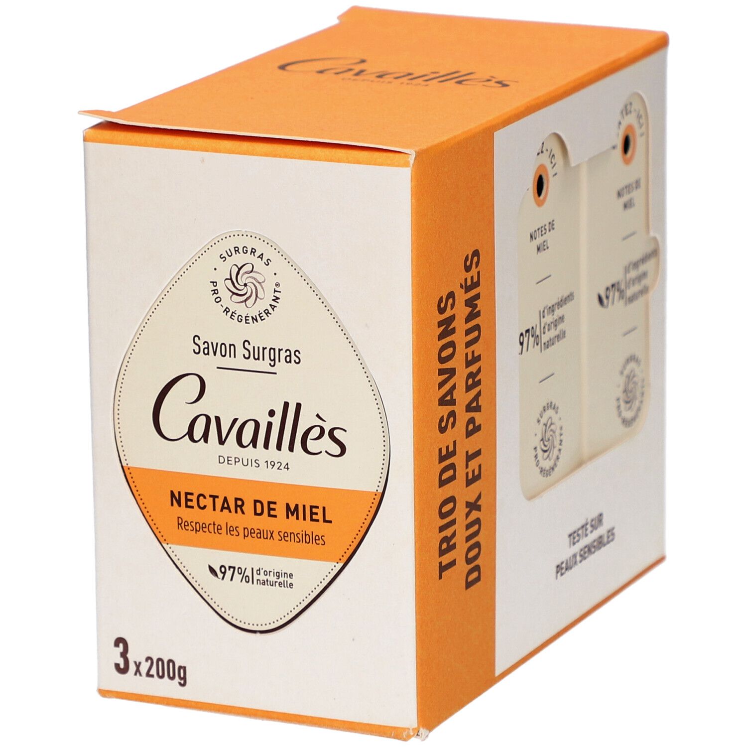 Boîte de trois savons Cavaillès Nectar de Miel. 97% d'ingrédients naturels. Testé sur peaux sensibles. Emballage orange et blanc.