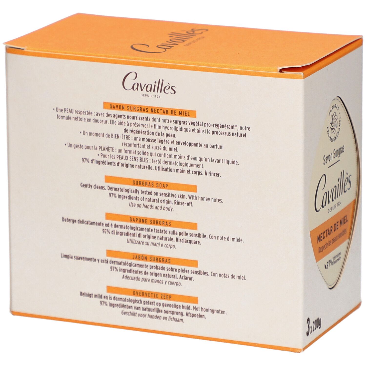 Dos de la boîte avec informations produit. Marque Cavaillès. Textes en français, anglais, italien et espagnol.