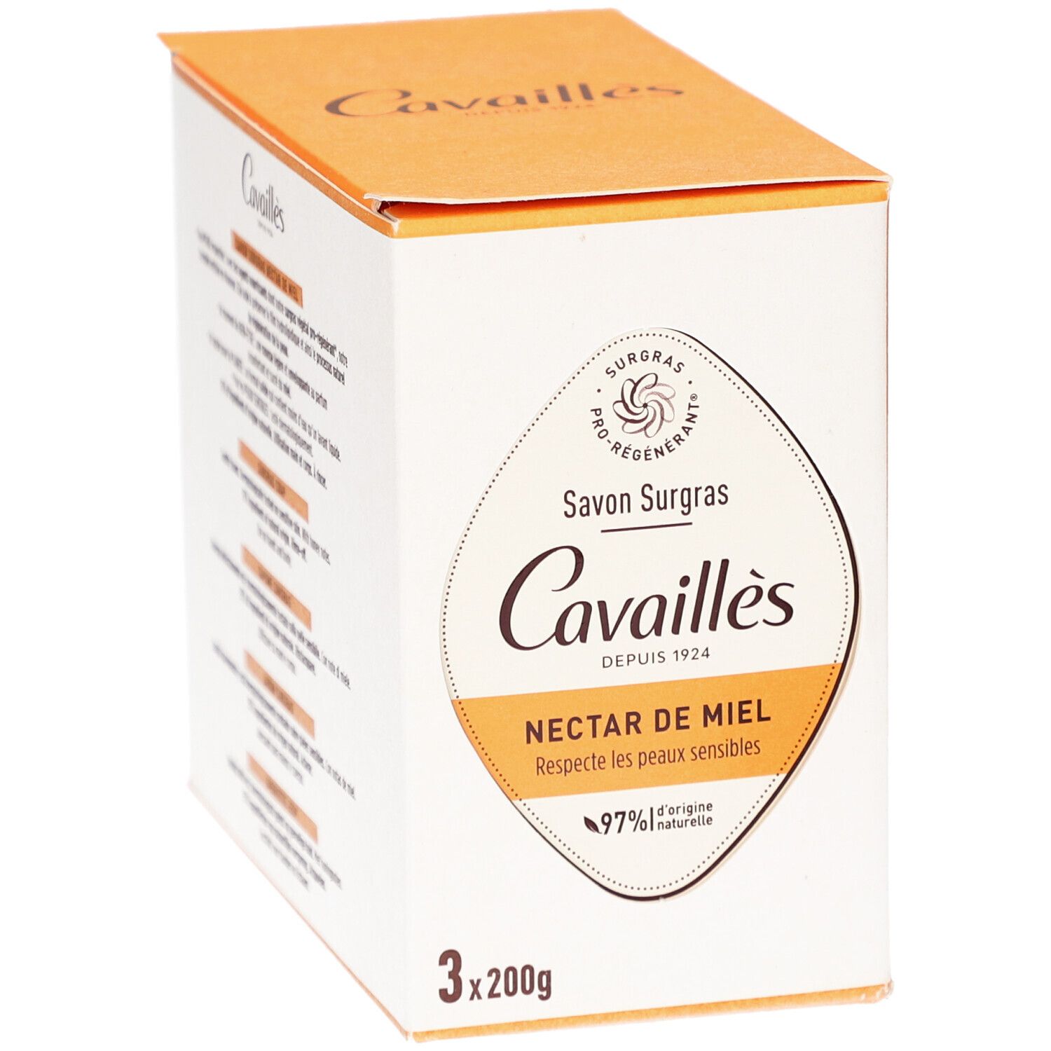 Boîte de trois savons Cavaillès Nectar de Miel. 97% d'ingrédients naturels. Testé sur peaux sensibles. 3x200g.