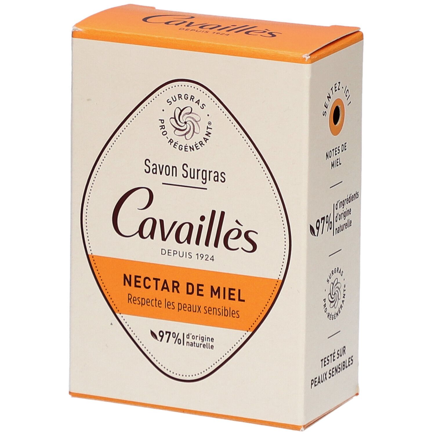 Boîte avec logo et nom du produit. Texte: Savon Surgras Nectar de Miel, 97% d'origine naturelle.