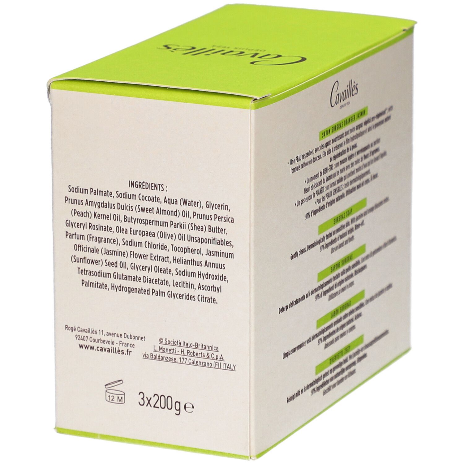 Dos de l'emballage avec ingrédients et informations fabricant. Texte multilingue. Contient les ingrédients.