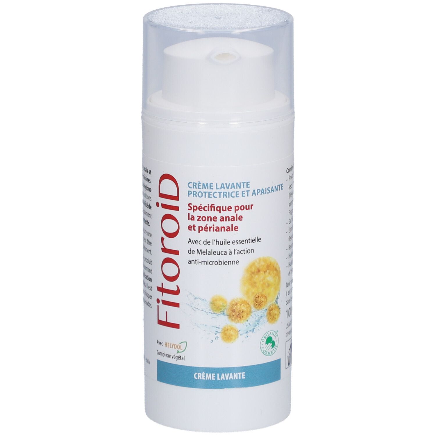 Witte dispenser met transparante dop. Opschrift: Fitoroid, Crème Lavante. Afbeelding van bloemen.